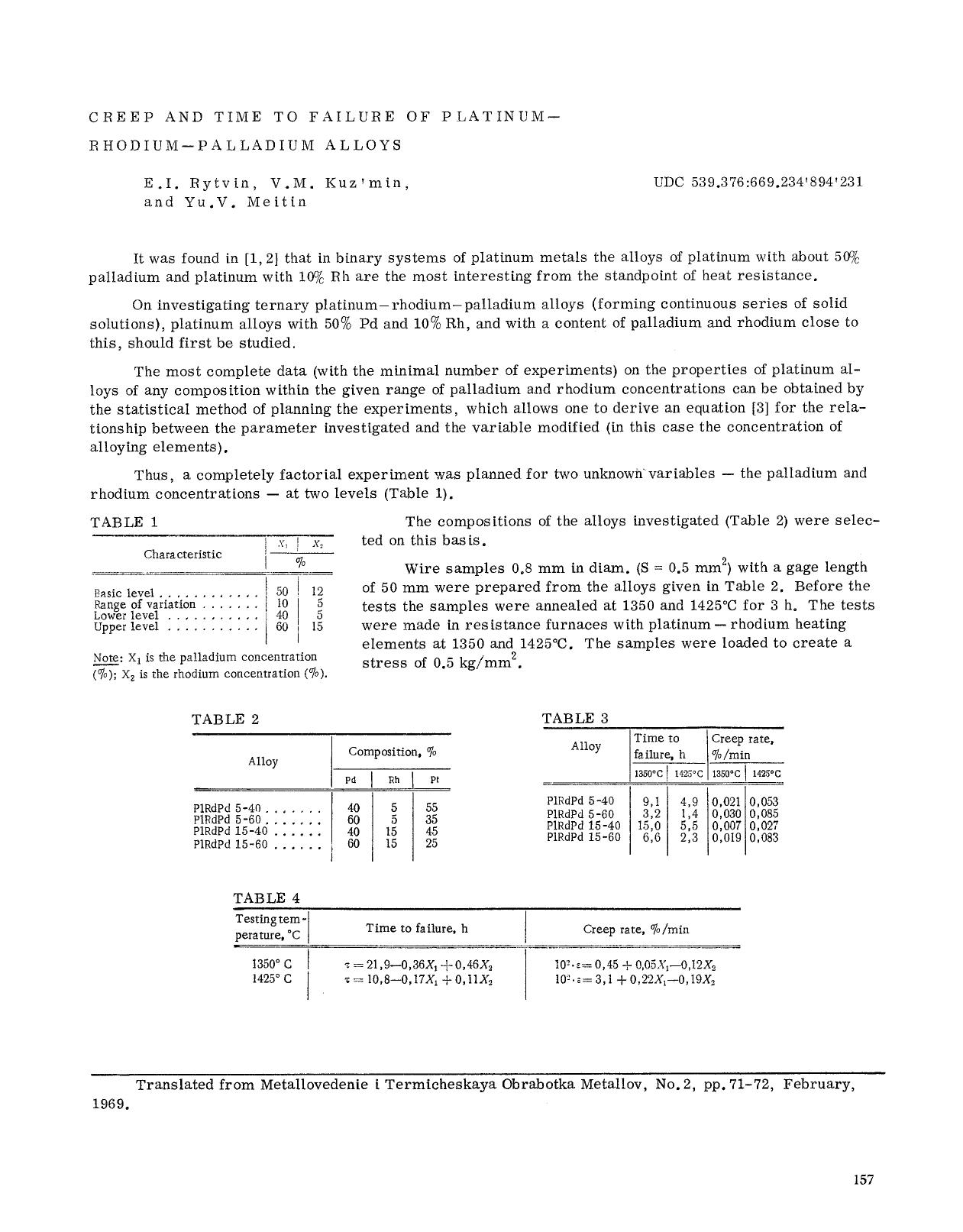 Creep and time to fallure of platinum-rhodium-palladium alloys by Unknown