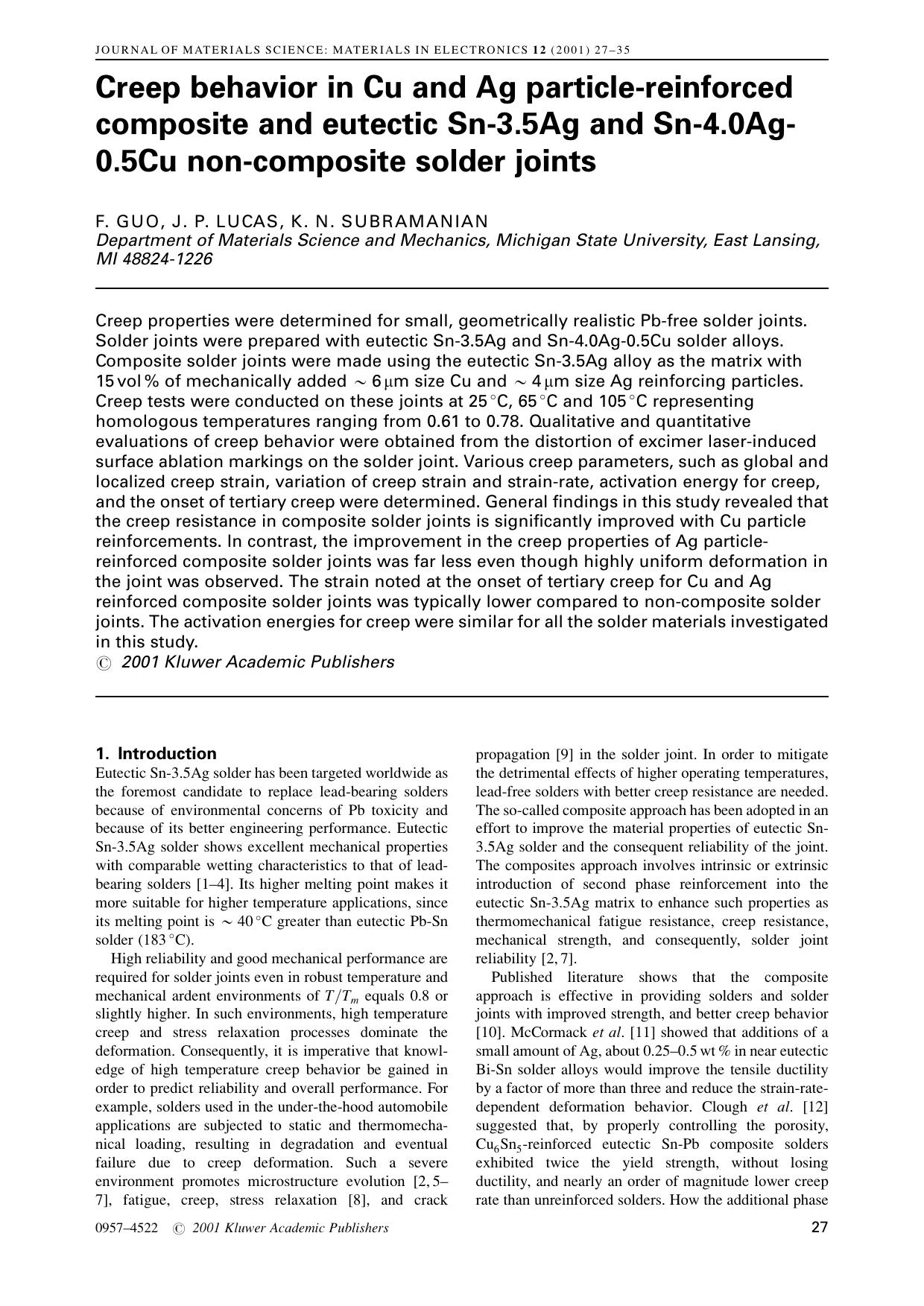 Creep behavior in Cu and Ag particle-reinforced composite and eutectic Sn-3.5Ag and Sn-4.0Ag-0.5Cu non-composite solder joints by Unknown
