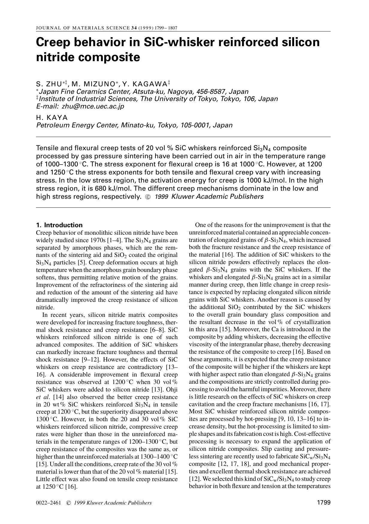 Creep behavior in SiC-whisker reinforced silicon nitride composite by Unknown
