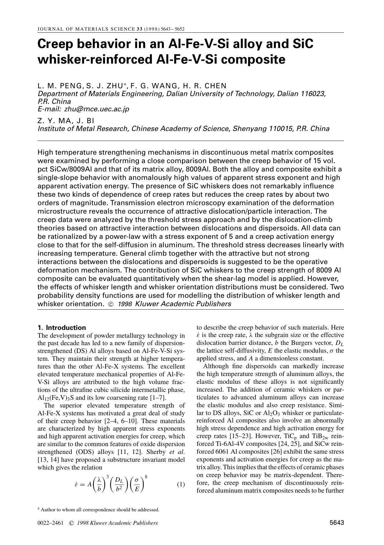 Creep behavior in an Al-Fe-V-Si alloy and SiC whisker-reinforced Al-Fe-V-Si composite by Unknown