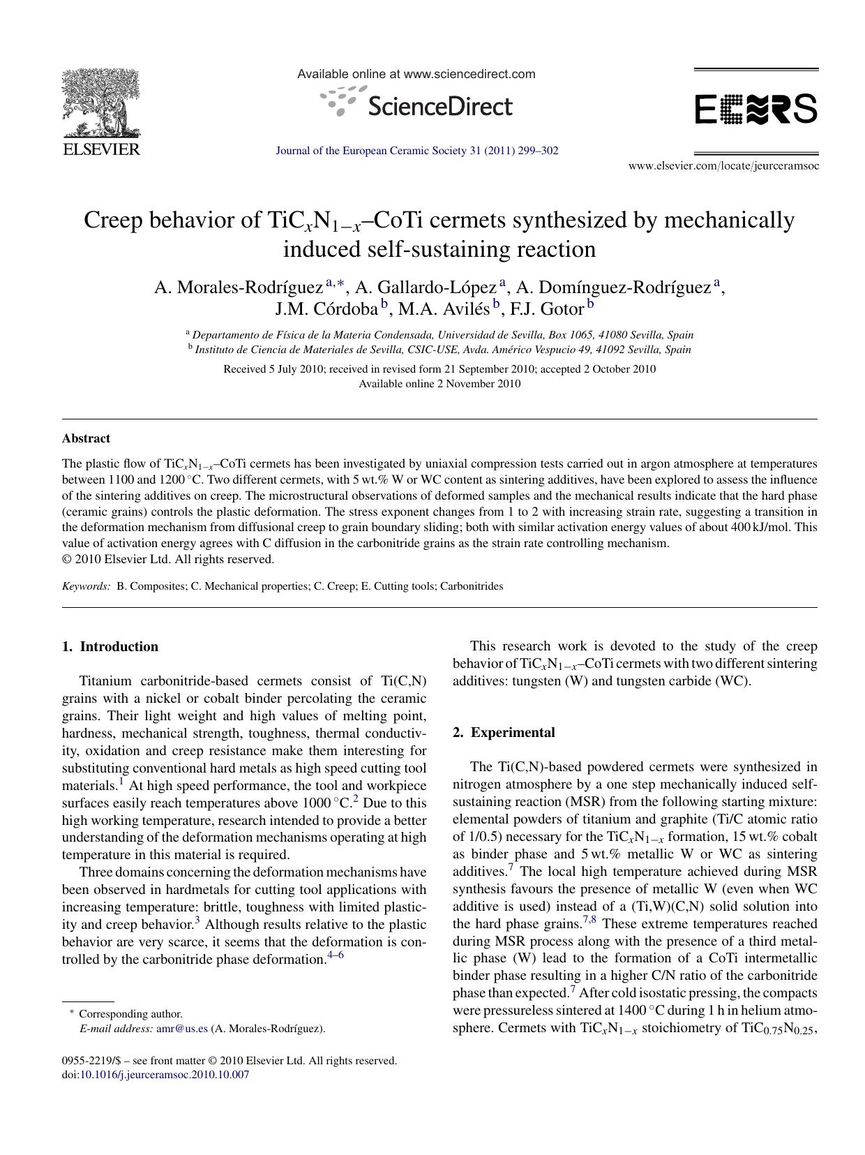 Creep behavior of TiCxN1Ã¢ËâxÃ¢â¬âCoTi cermets synthesized by mechanically induced self-sustaining reaction by A. Morales-RodrÃ­guez