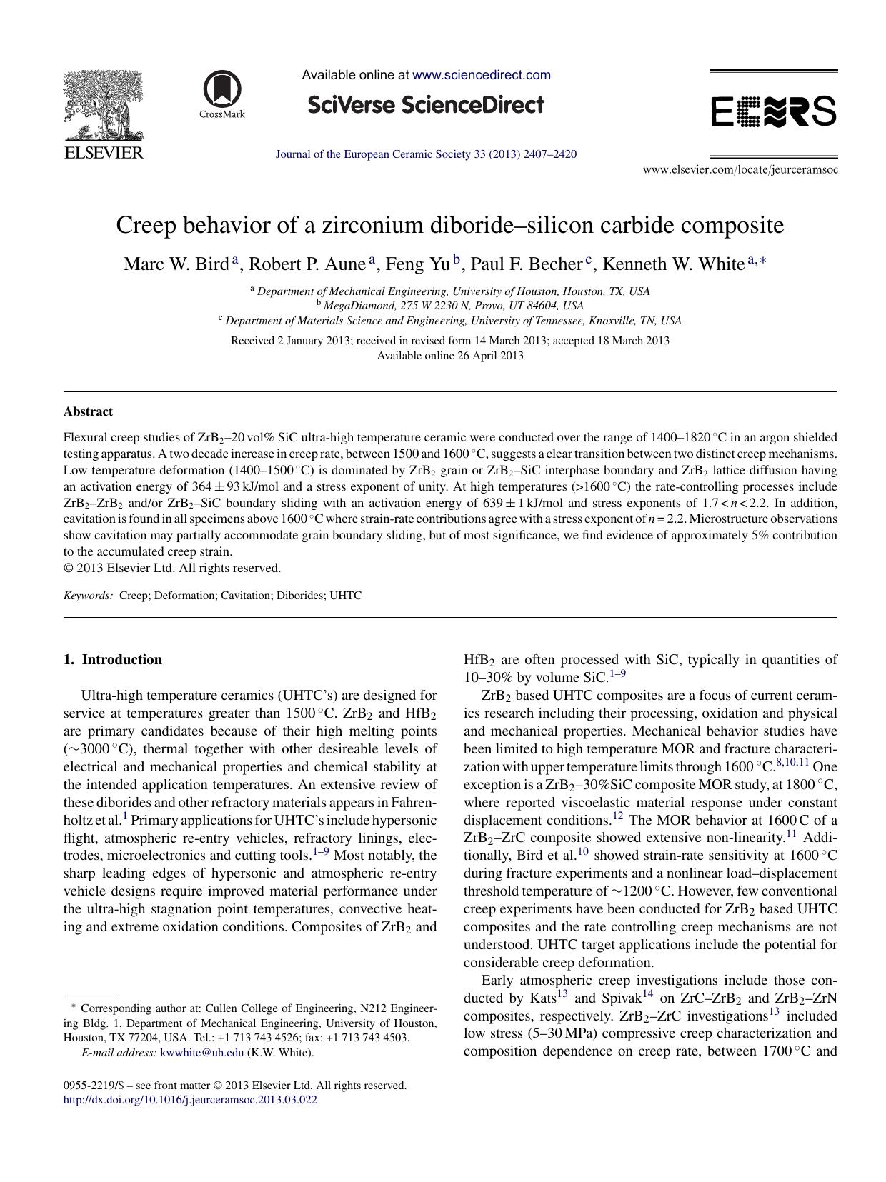 Creep behavior of a zirconium diborideâsilicon carbide composite by Marc W. Bird