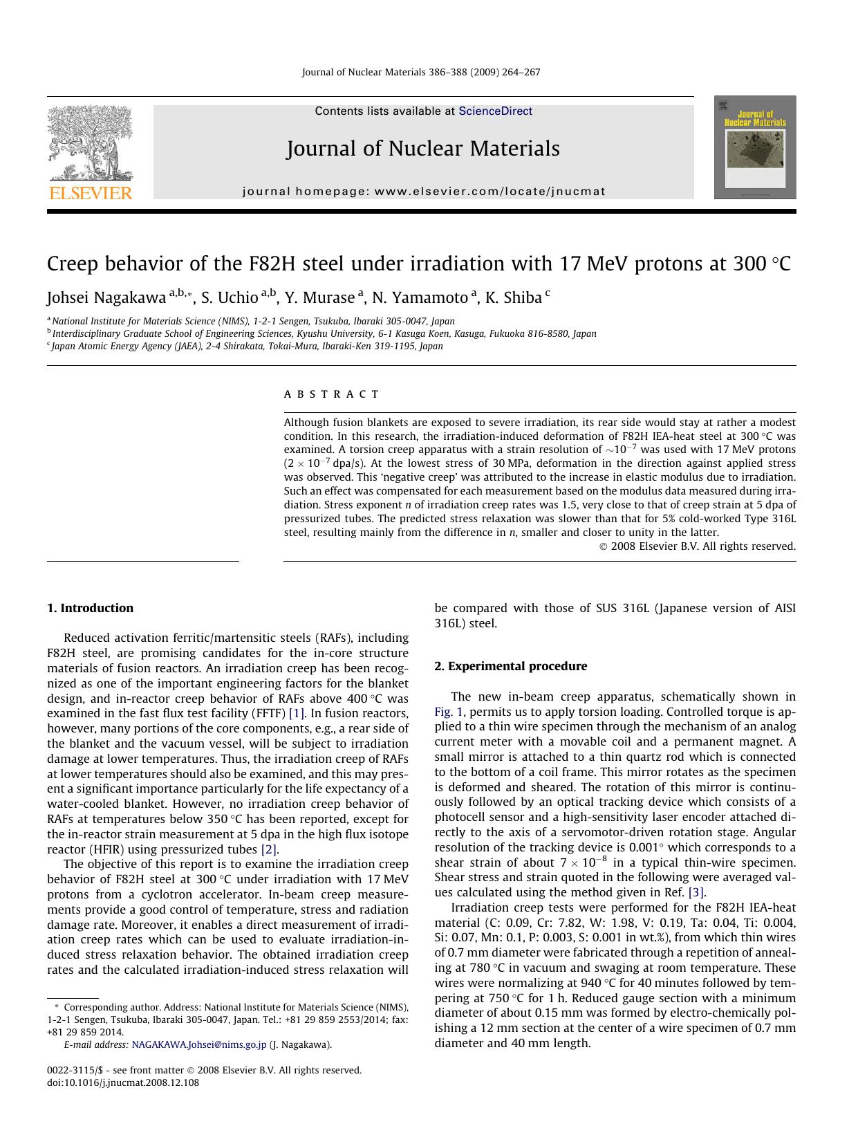 Creep behavior of the F82H steel under irradiation with 17MeV protons at 300Â°C by Johsei Nagakawa; S. Uchio; Y. Murase; N. Yamamoto; K. Shiba