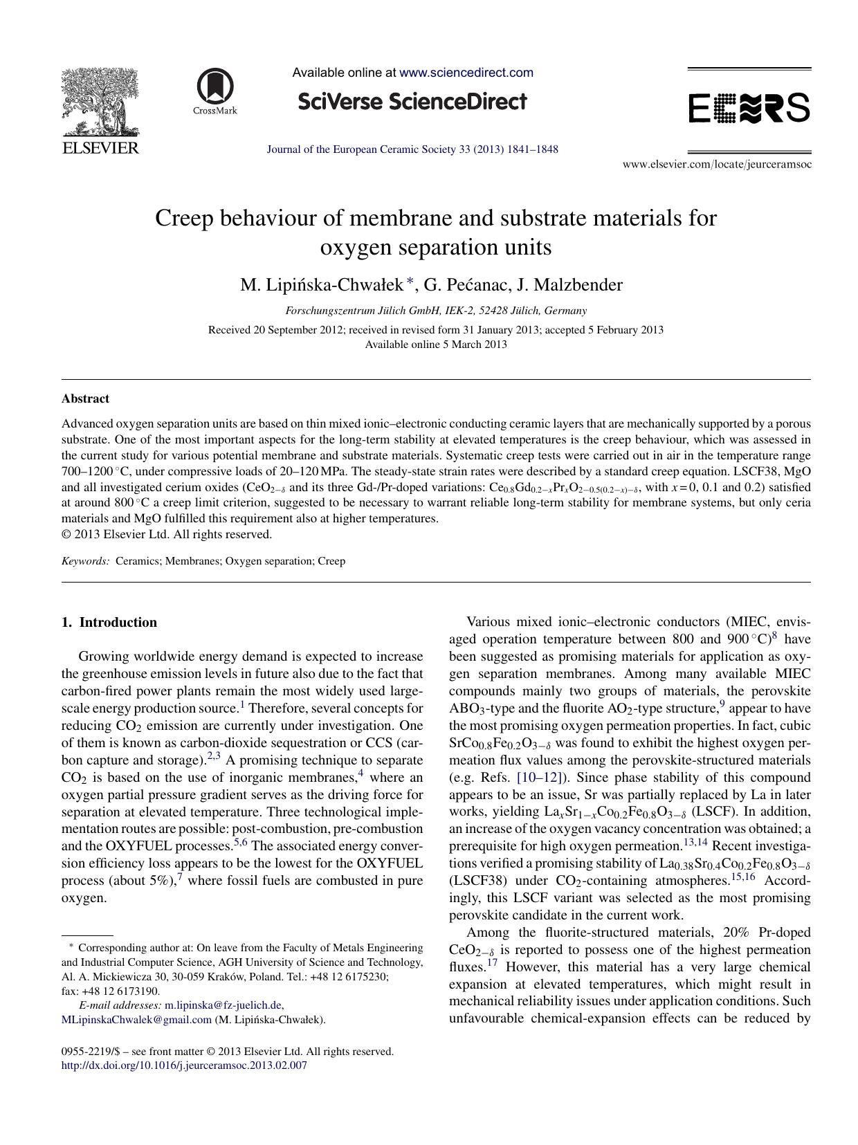 Creep behaviour of membrane and substrate materials for oxygen separation units by M. Lipińska-Chwałek