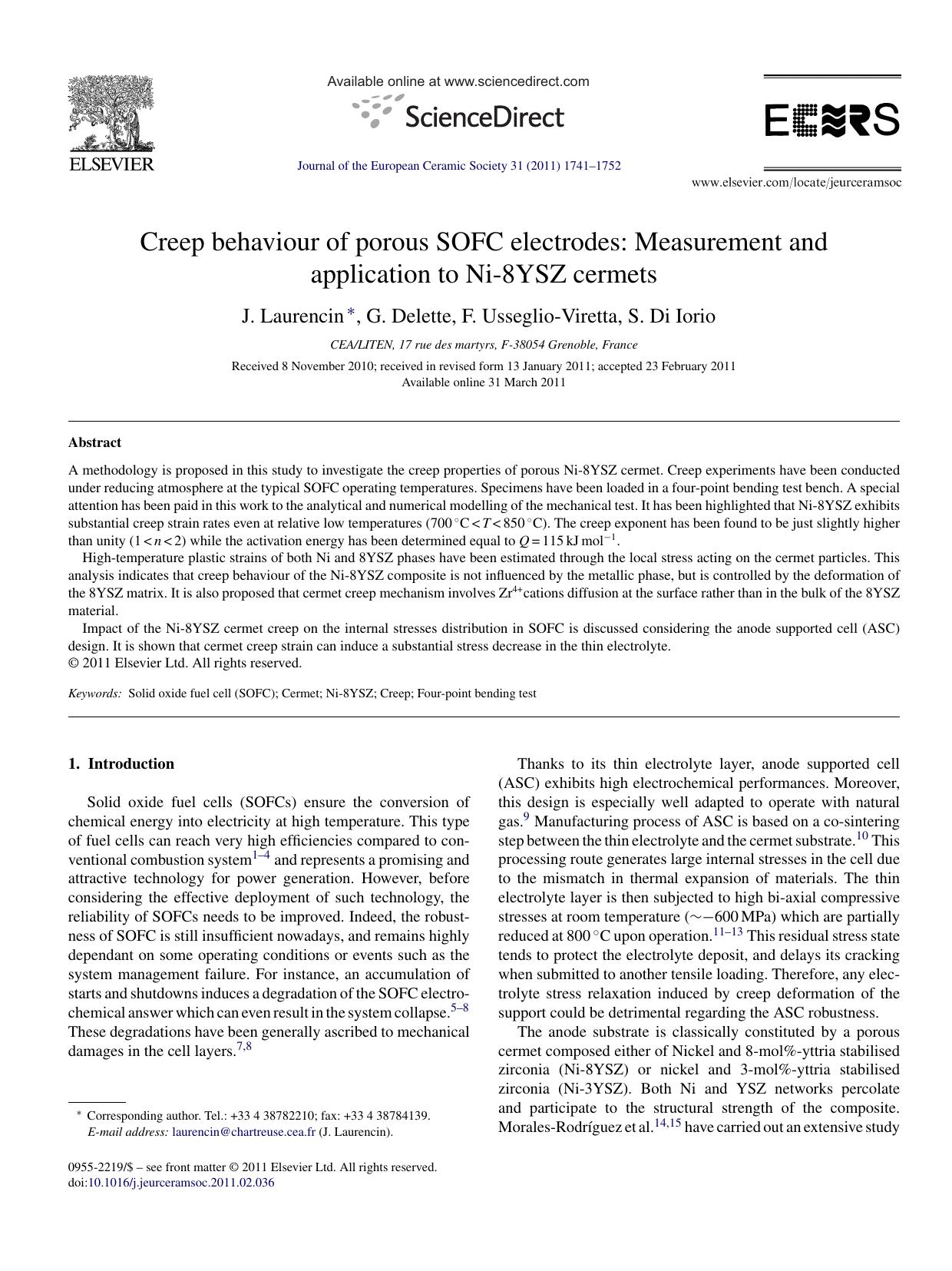 Creep behaviour of porous SOFC electrodes: Measurement and application to Ni-8YSZ cermets by J. Laurencin