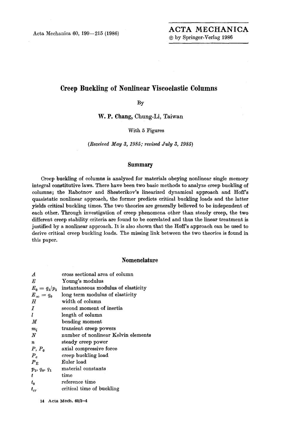 Creep buckling of nonlinear viscoelastic columns by Unknown