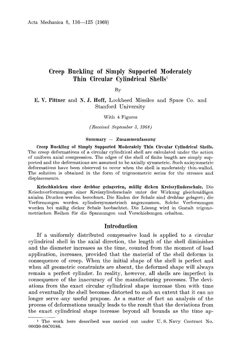 Creep buckling of simply supported moderately thin circular cylindrical shells by Unknown