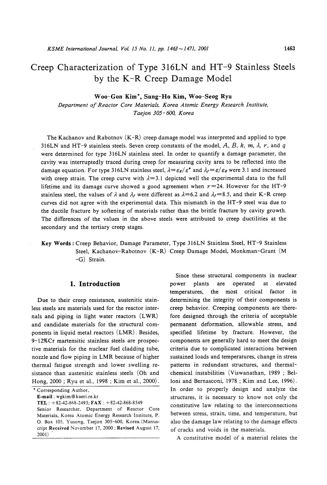Creep characterization of type 316LN and HT-9 stainless steels by the K-R creep damage model by Unknown