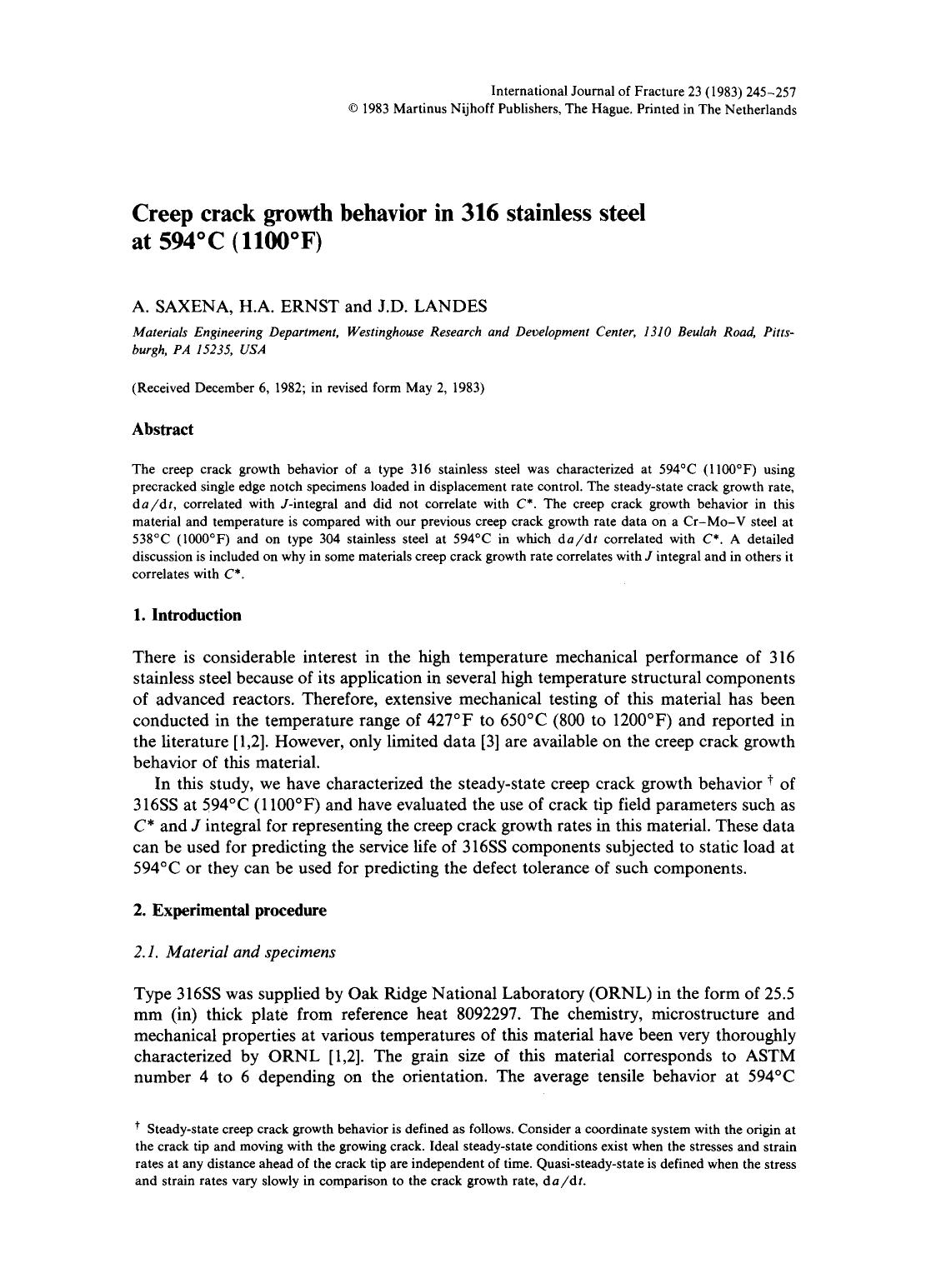 Creep crack growth behavior in 316 stainless steel at 594°C (1100°F) by Unknown