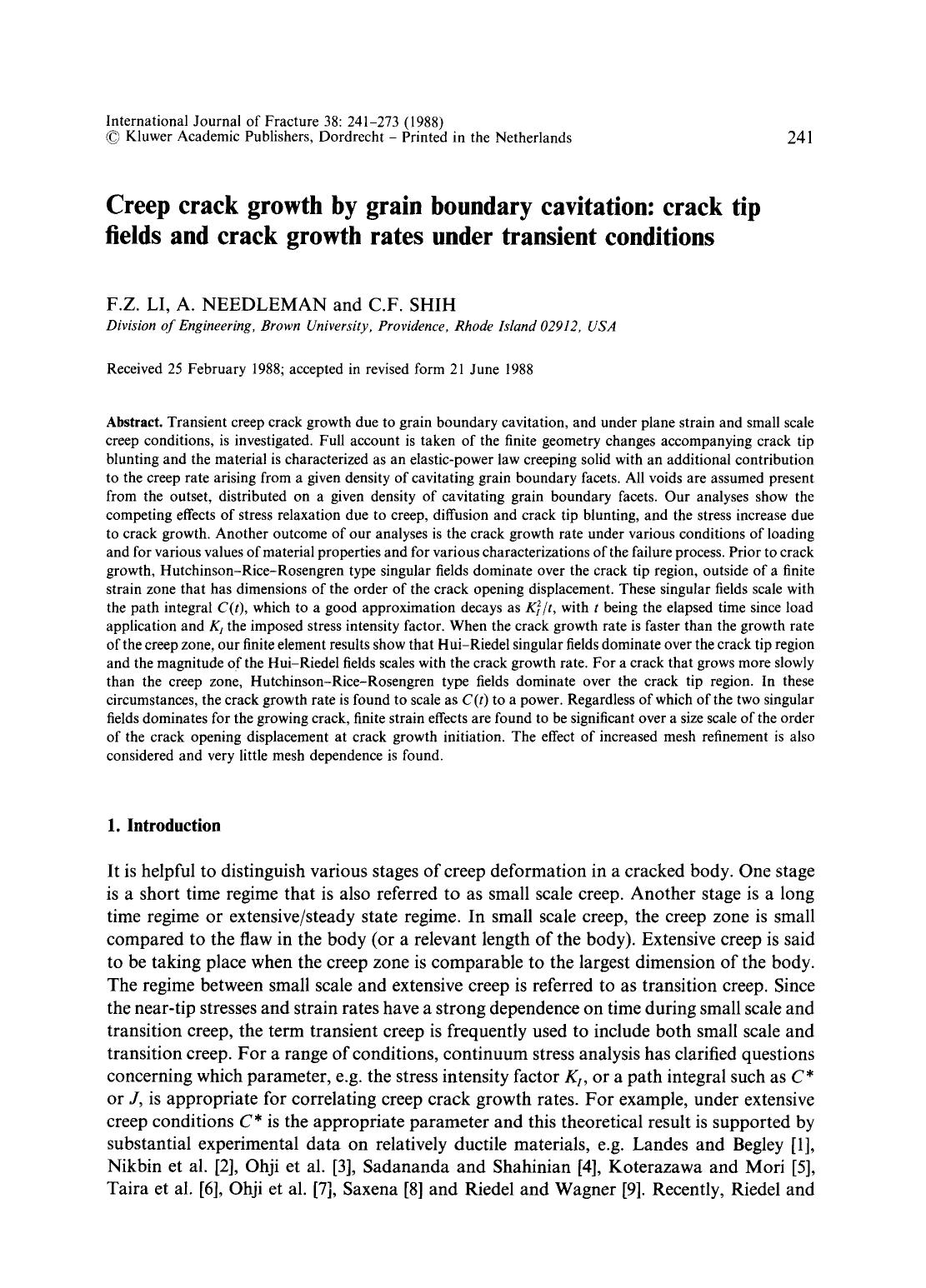 Creep crack growth by grain boundary cavitation: crack tip fields and crack growth rates under transient conditions by Unknown