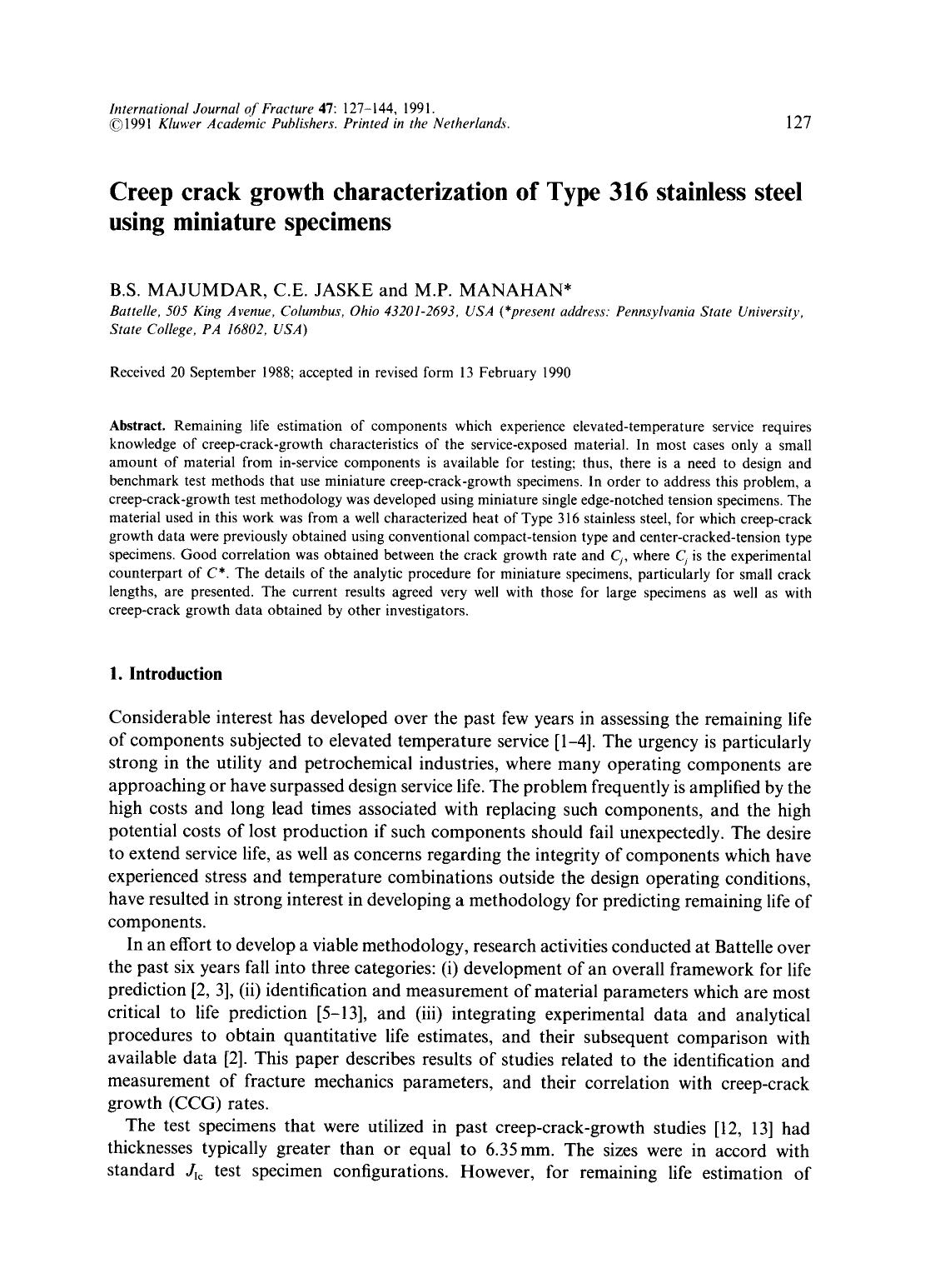 Creep crack growth characterization of Type 316 stainless steel using miniature specimens by Unknown