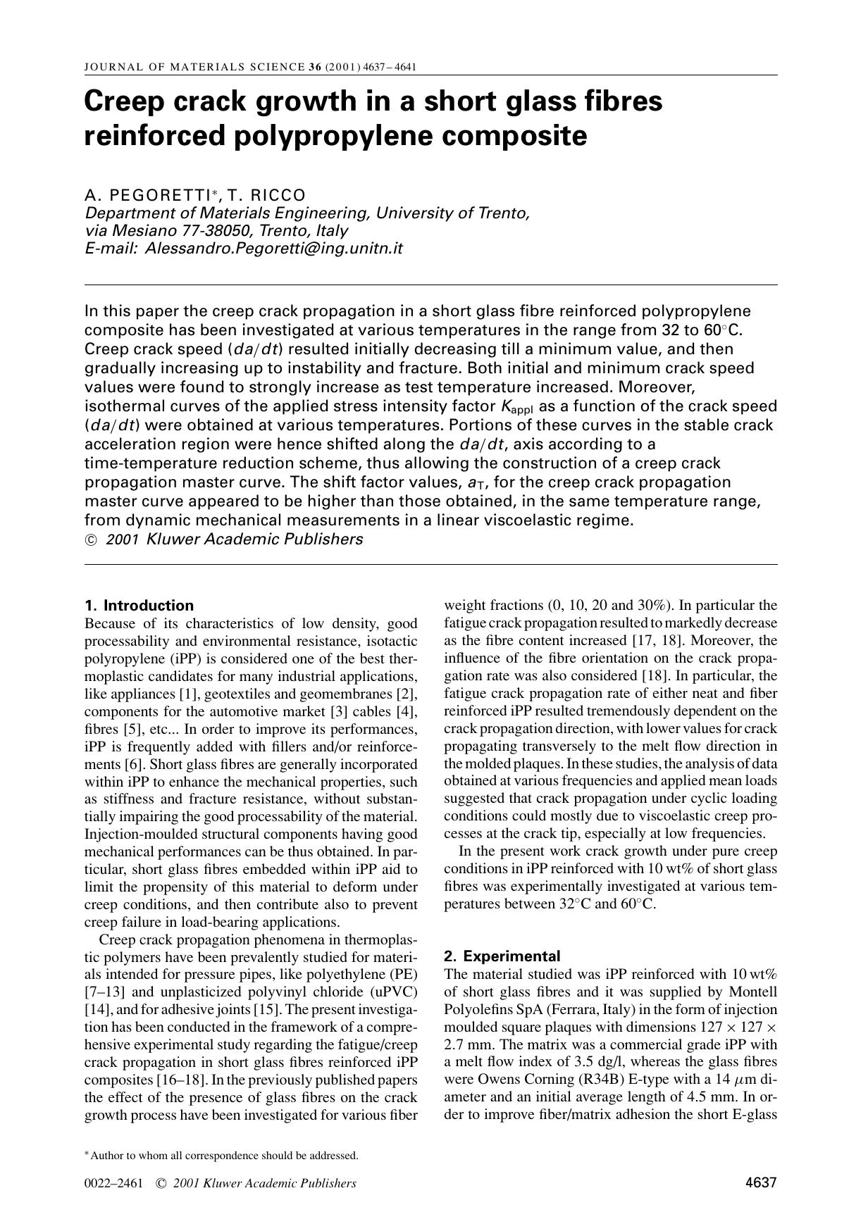 Creep crack growth in a short glass fibres reinforced polypropylene composite by Unknown