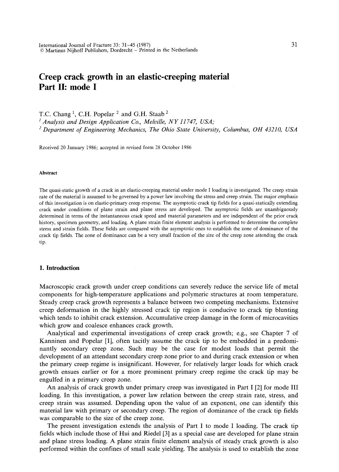 Creep crack growth in an elastic-creeping material Part II: mode I by Unknown