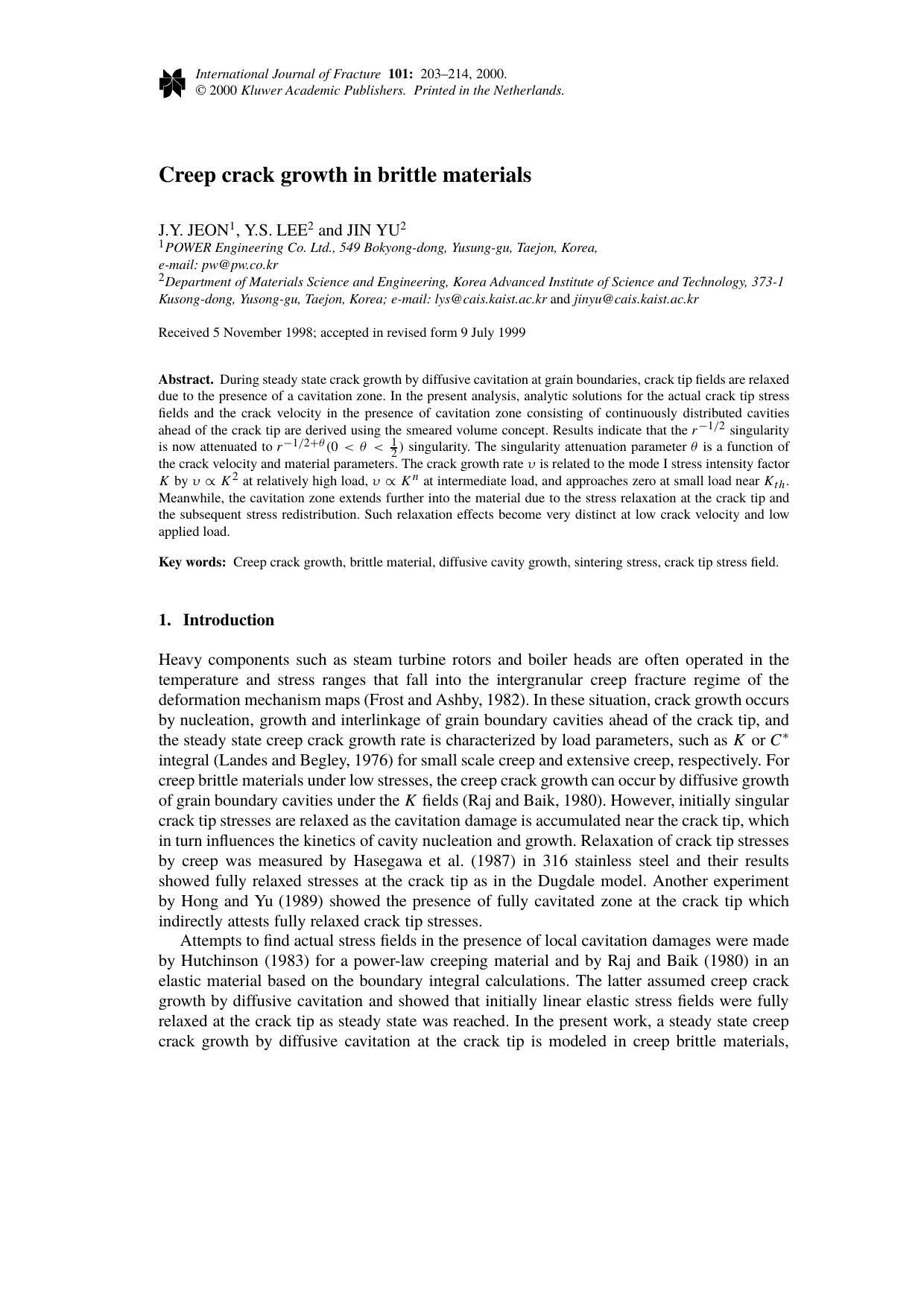 Creep crack growth in brittle materials by Unknown