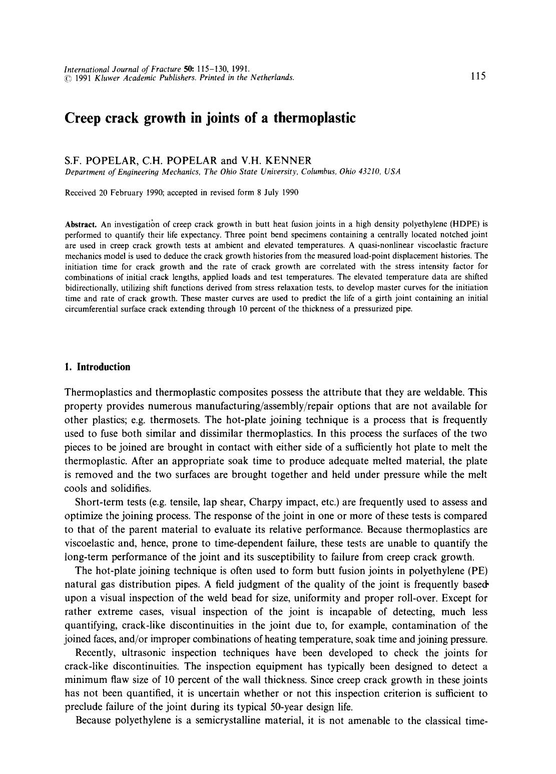 Creep crack growth in joints of a thermoplastic by Unknown