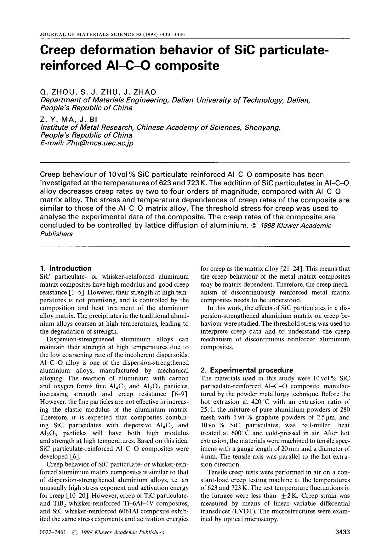 Creep deformation behavior of SiC particulate-reinforced Al–C–O composite by Unknown