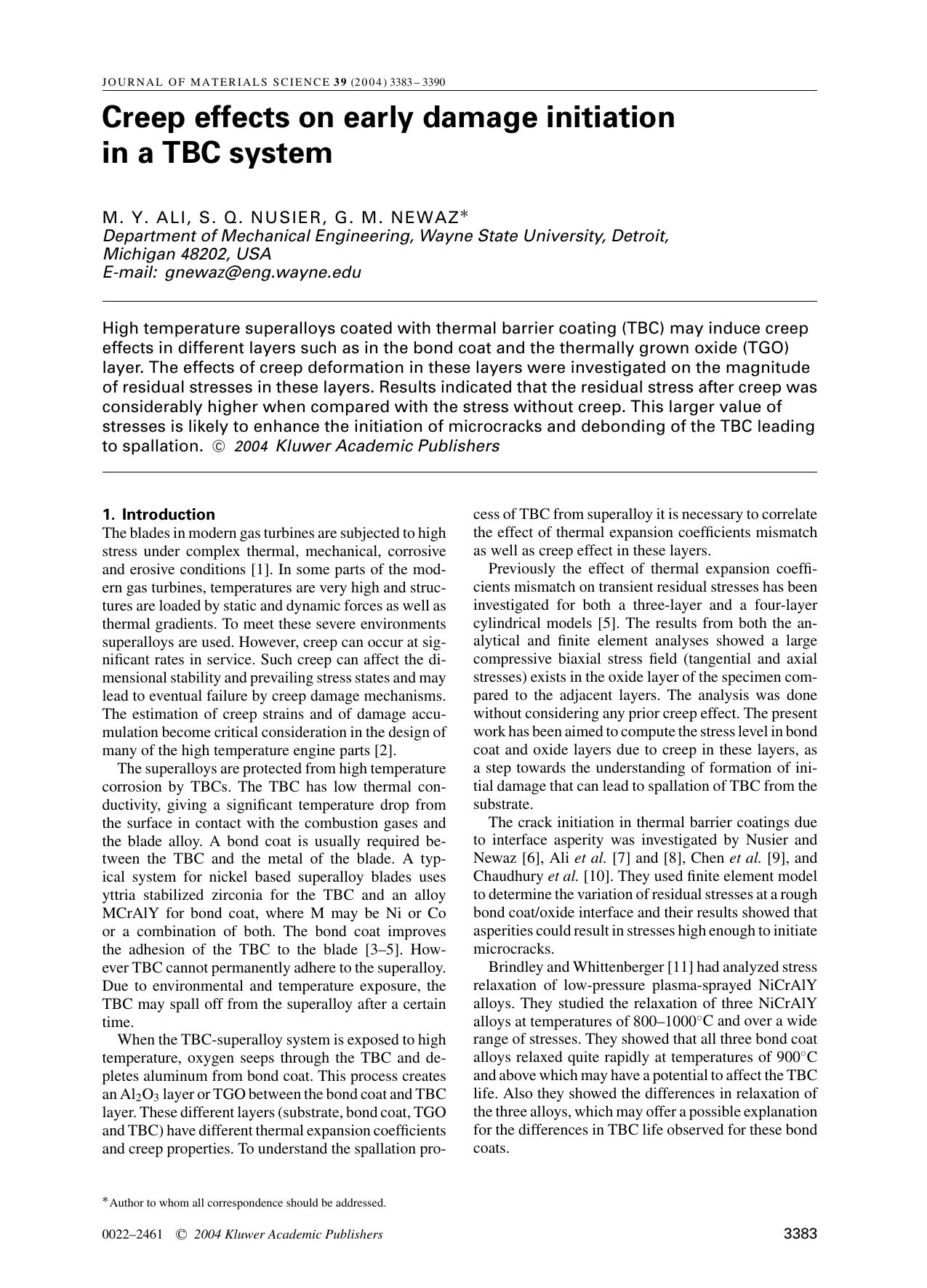 Creep effects on early damage initiation in a TBC system by Unknown
