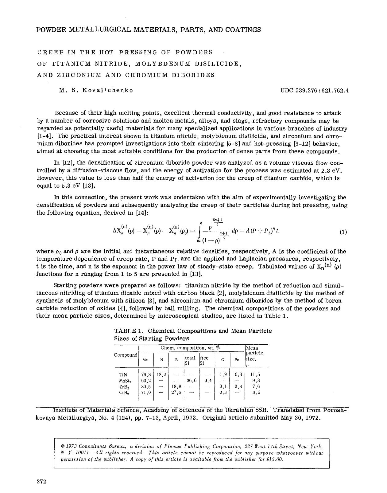 Creep in the hot pressing of powders of titanium nitride, molybdenum disilicide, and zirconium and chromium diborides by Unknown