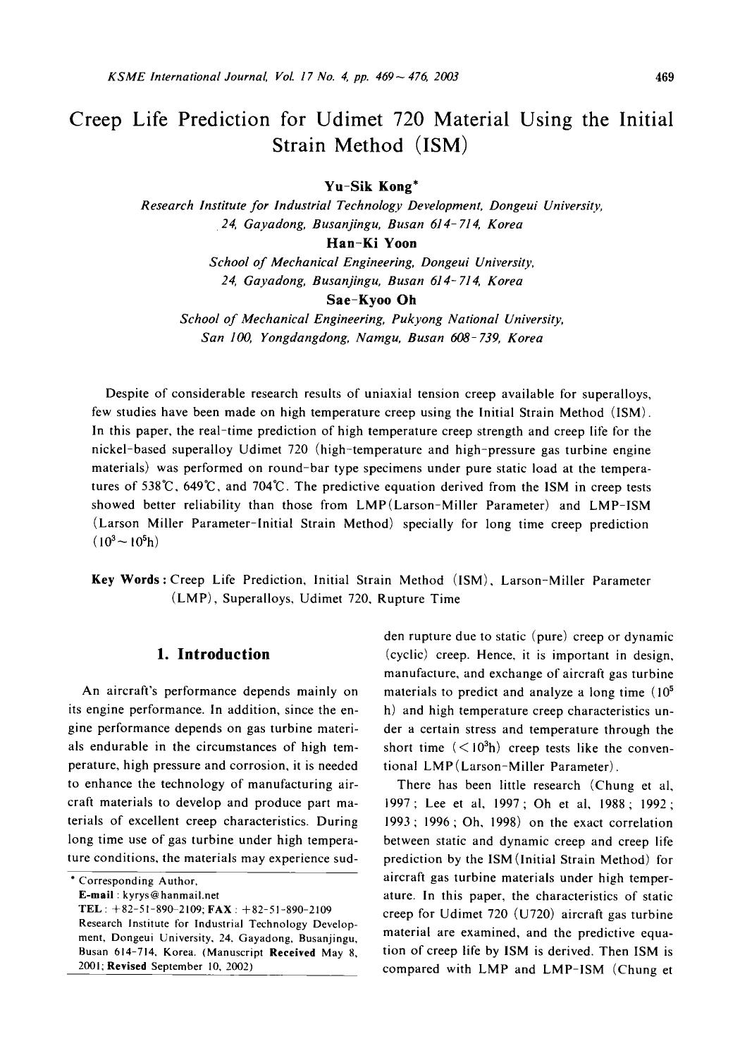 Creep life prediction for udimet 720 material using the initial strain method (ISM) by Unknown