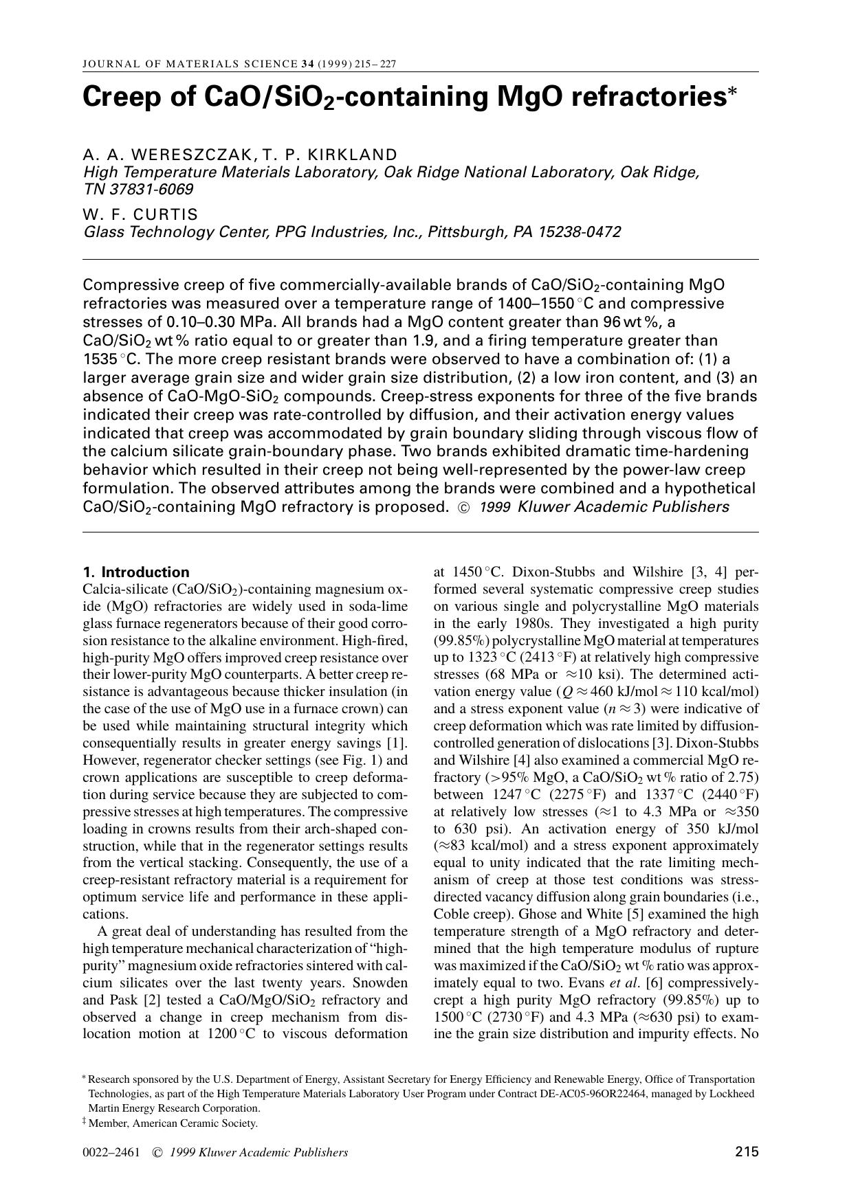 Creep of CaOSiO2-containing MgO refractories by Unknown