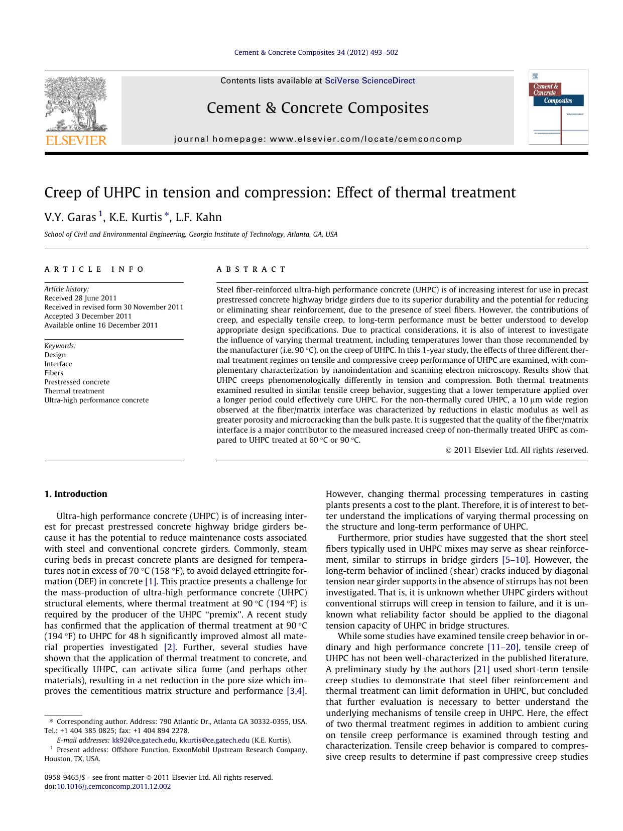 Creep of UHPC in tension and compression: Effect of thermal treatment by V.Y. Garas & K.E. Kurtis & L.F. Kahn