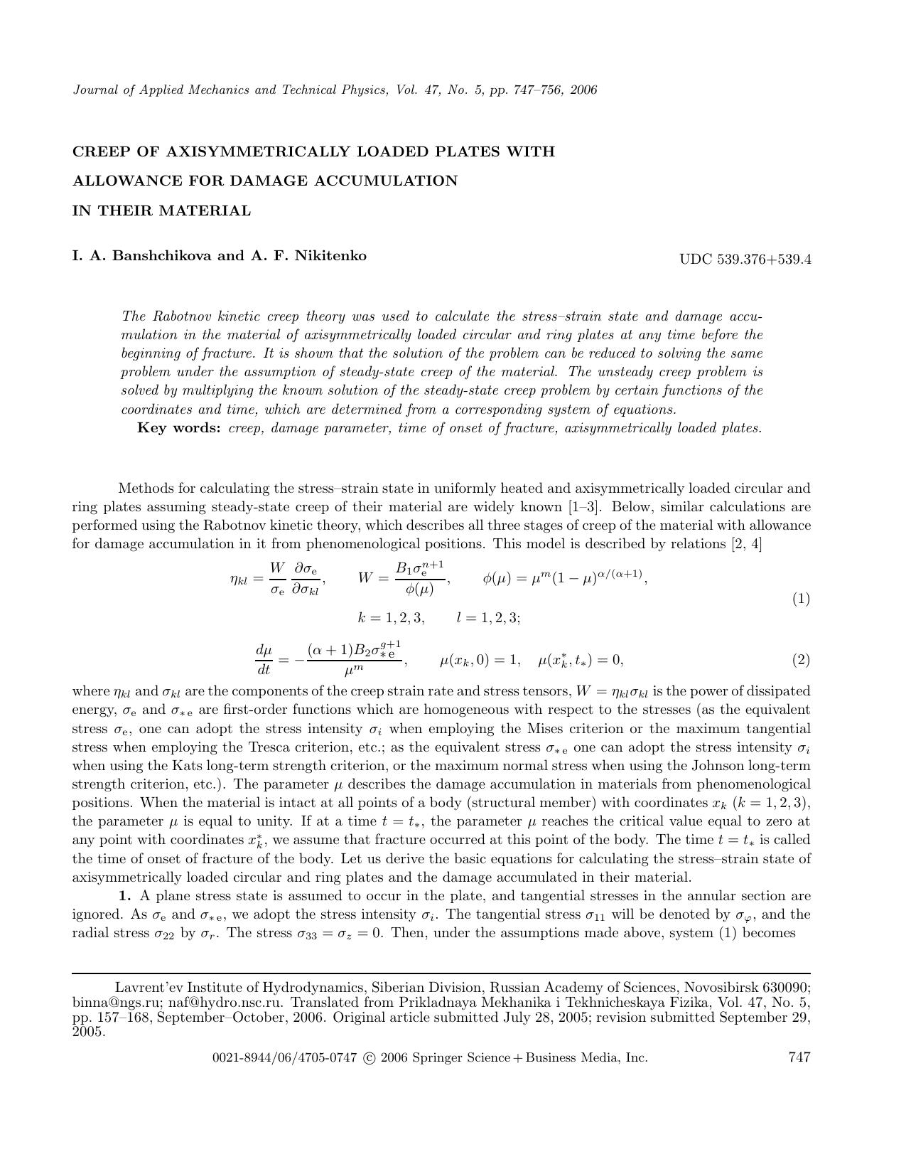 Creep of axisymmetrically loaded plates with allowance for damage accumulation in their material by Unknown