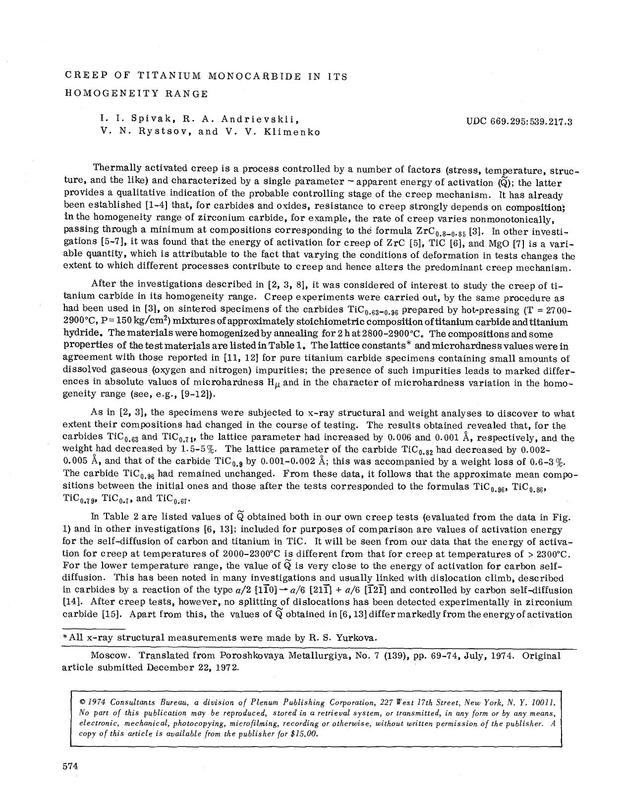 Creep of titanium monocarbide in its homogeneity range by Unknown
