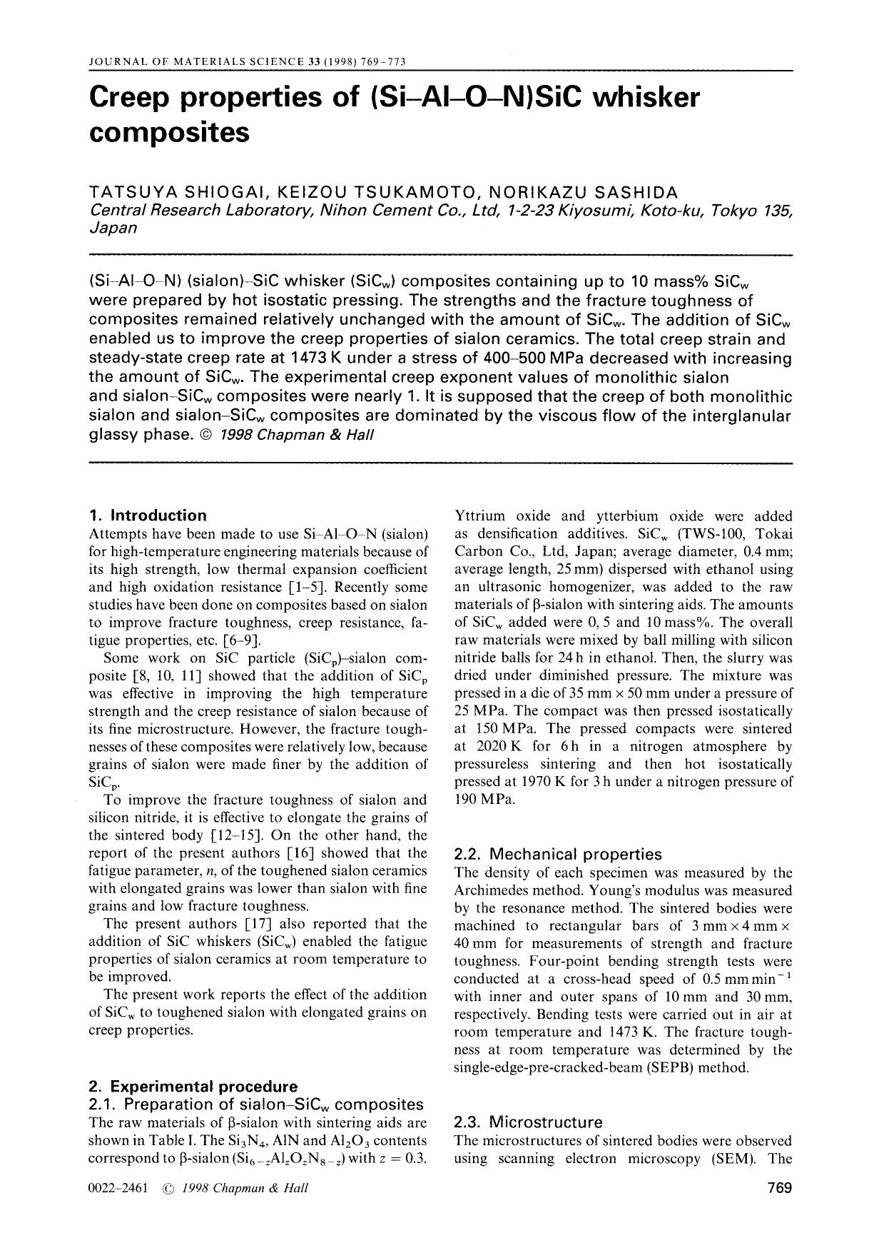 Creep properties of (Si–Al–O–N)SiC whisker composites by Unknown