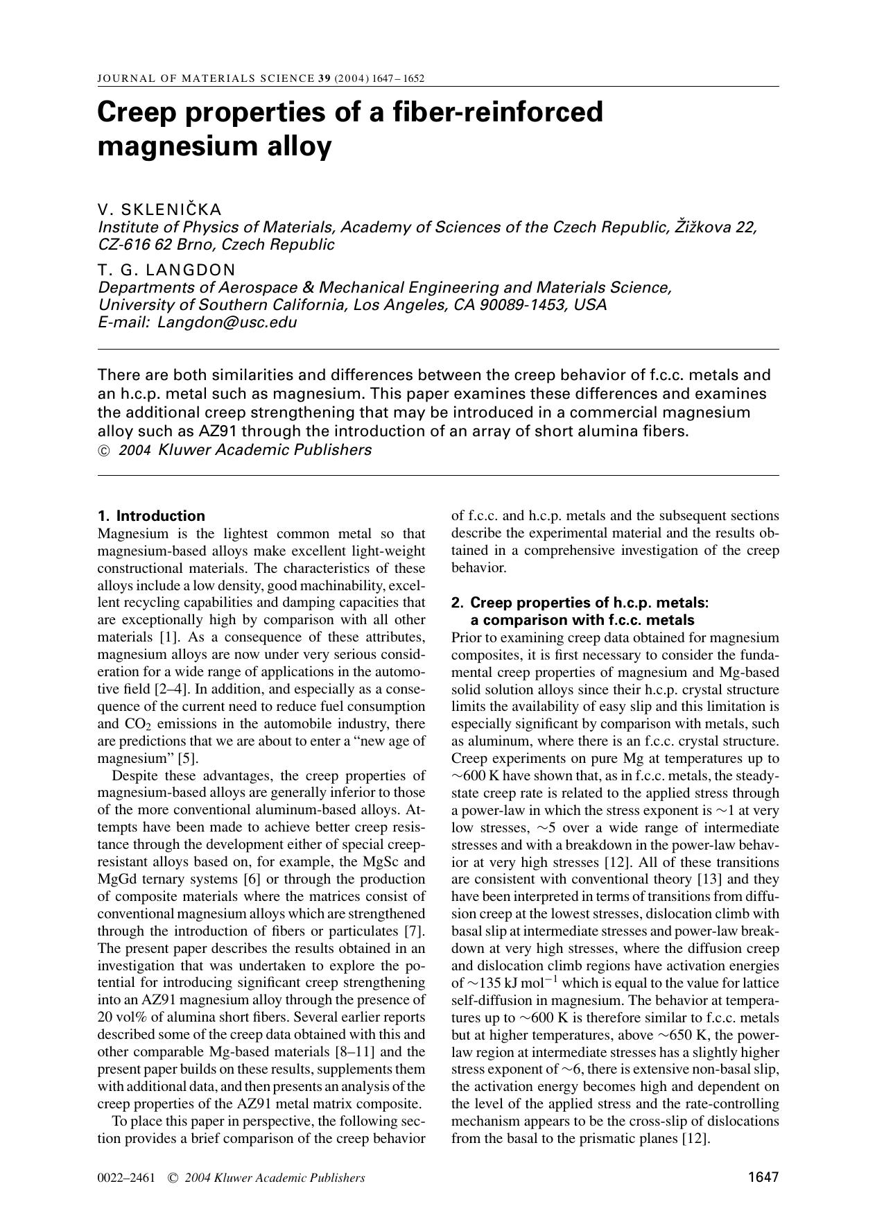 Creep properties of a fiber-reinforced magnesium alloy by Unknown