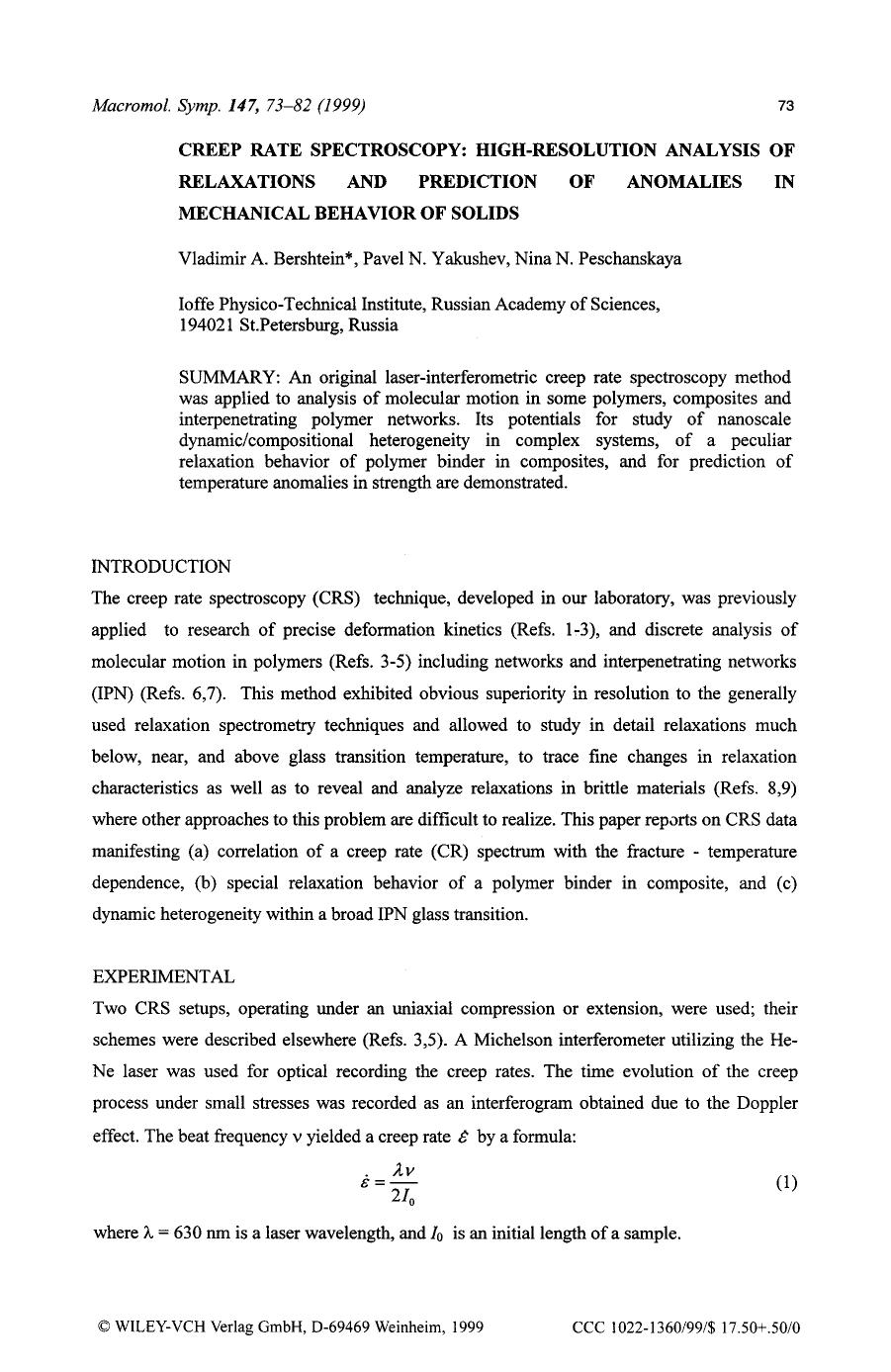 Creep rate spectroscopy: Highresolution analysis of relaxations and prediction of anomalies in mechanical behavior of solids by Unknown