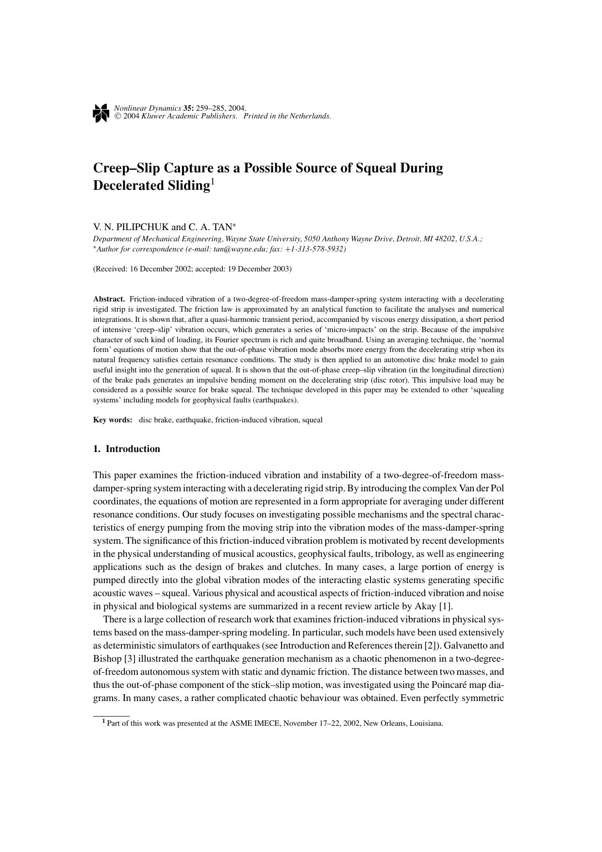Creep—Slip Capture as a Possible Source of Squeal During Decelerated Sliding by Unknown