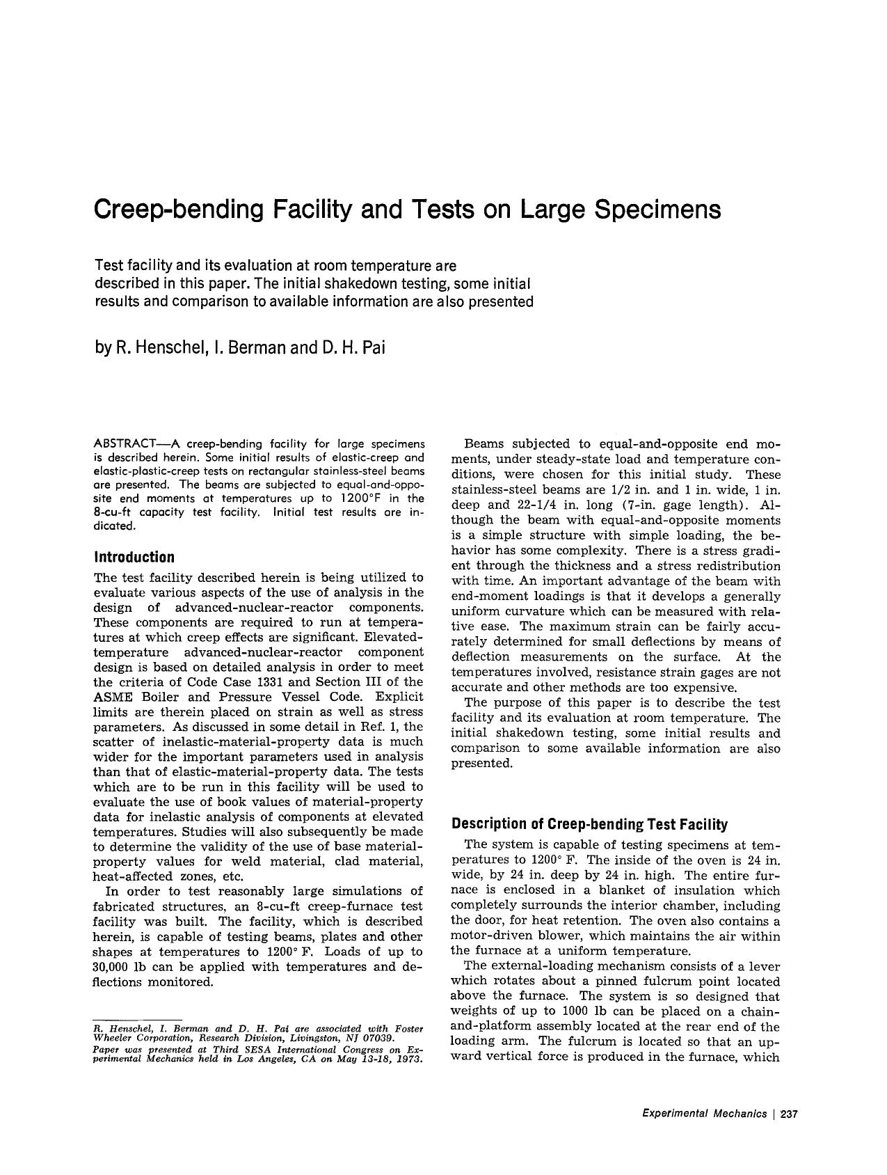 Creep-bending facility and tests on large specimens by Unknown