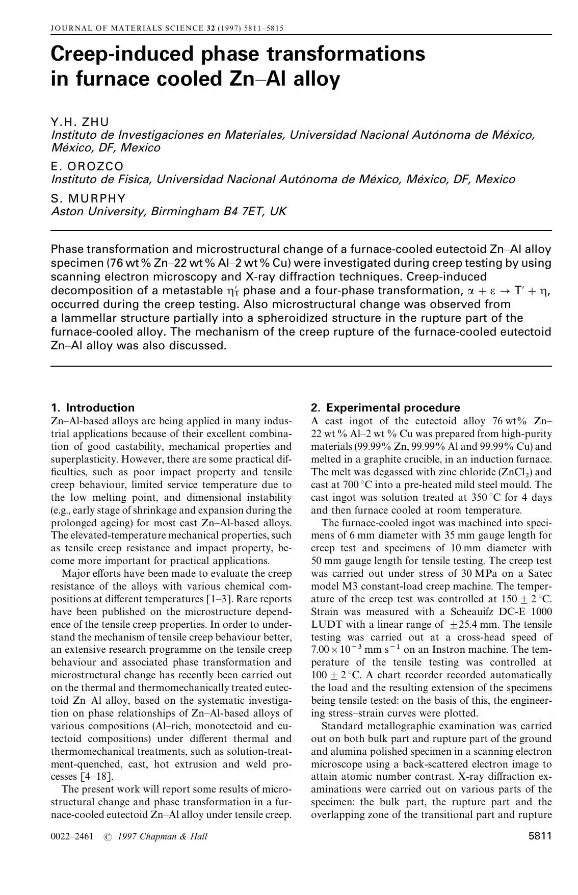 Creep-induced phase transformations in furnace cooled Zn–Al alloy by Unknown