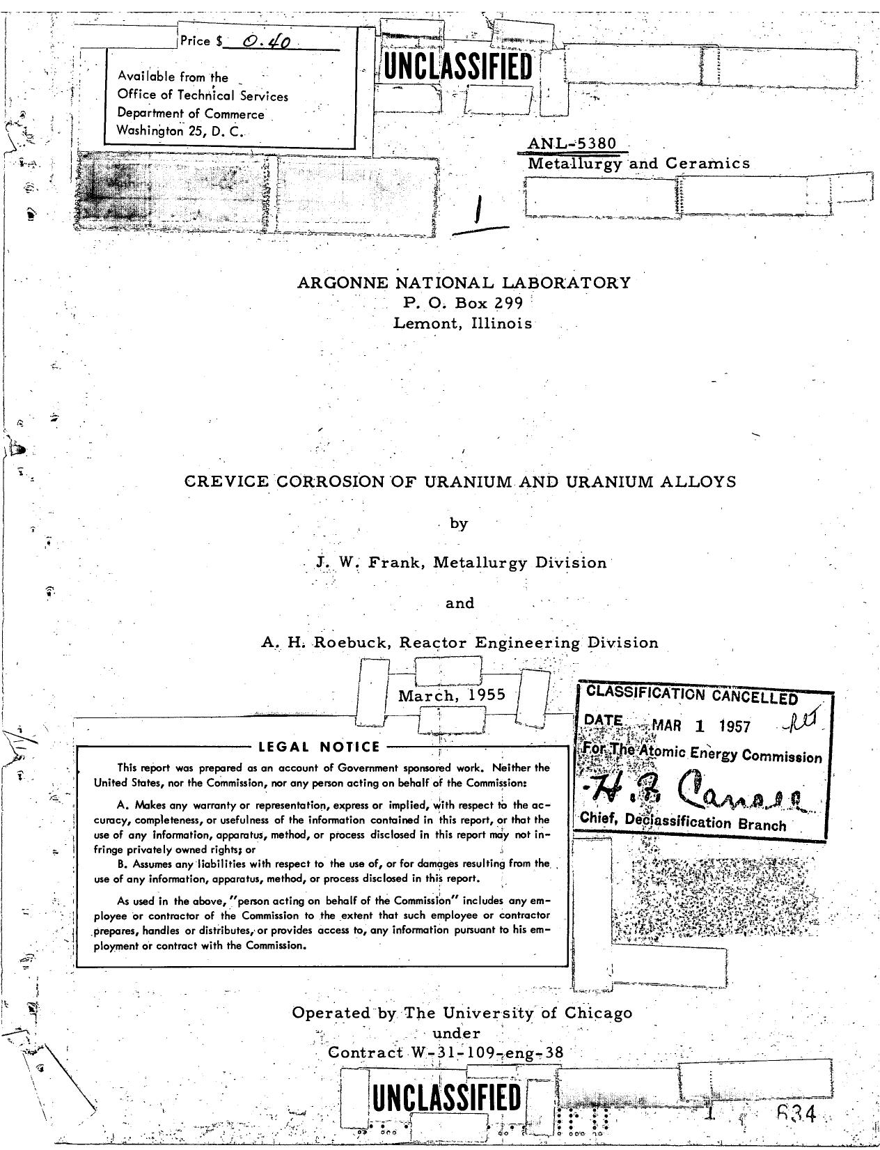 Crevice corrosion of uranium and uranium alloys by J W Frank; A H Roebuck; Argonne National Laboratory