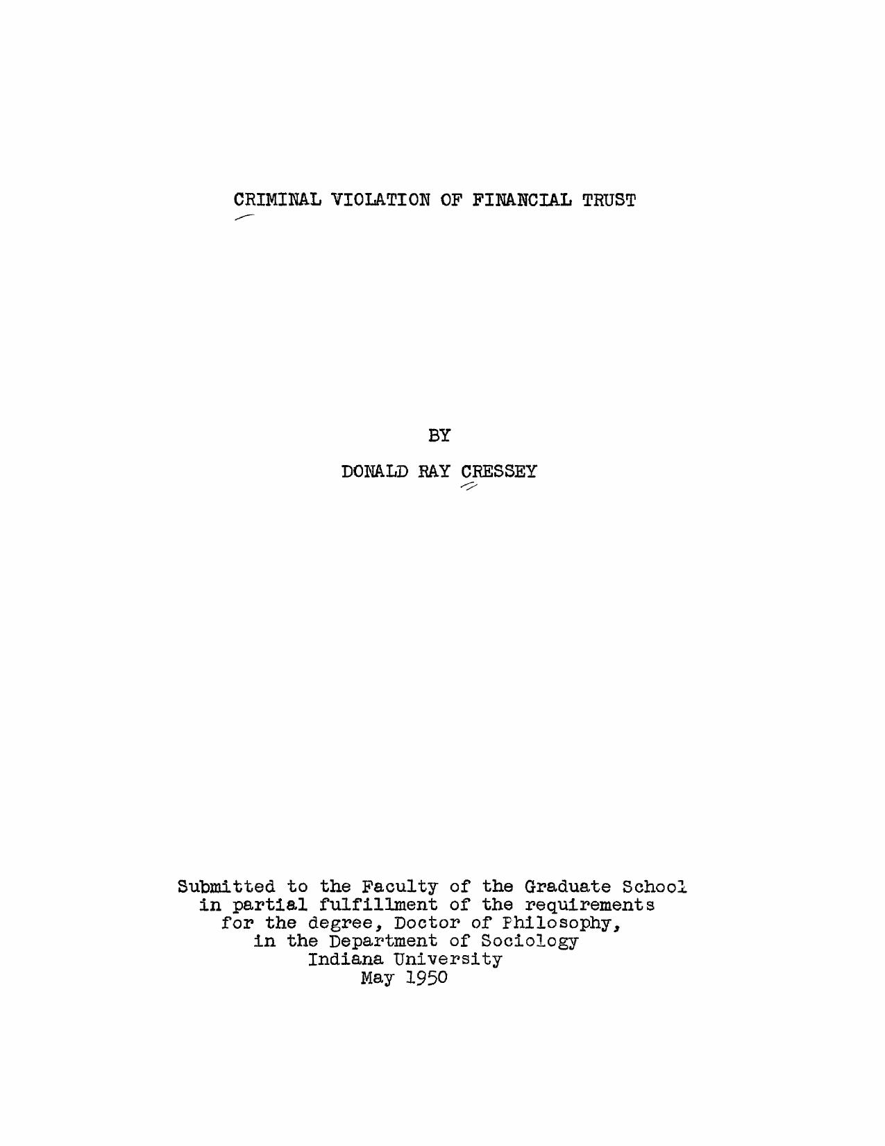 Criminal violation of financial trust by Cressey Donald R