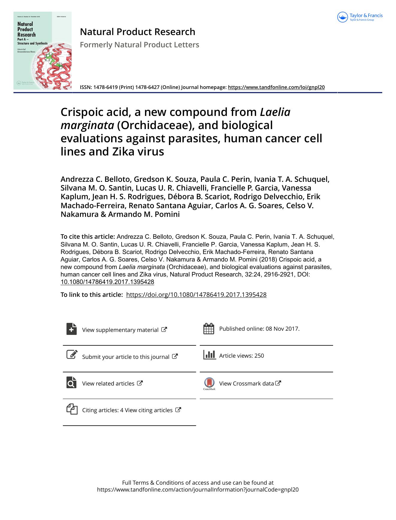 Crispoic acid, a new compound from Laelia marginata (Orchidaceae), and biological evaluations against parasites, human cancer cell lines and Zika virus by unknow