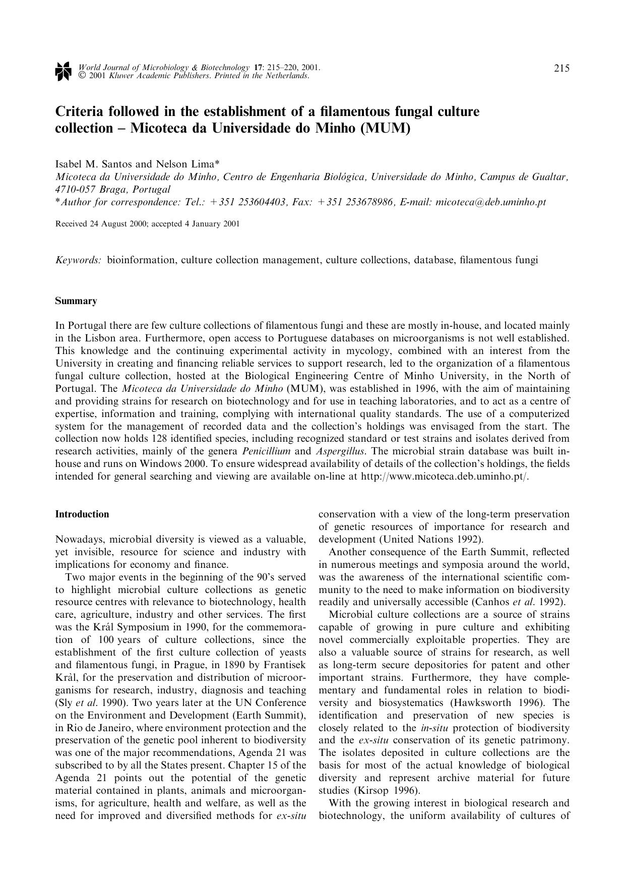 Criteria followed in the establishment of a filamentous fungal culture collection &#x2013; Micoteca da Universidade do Minho (MUM) by Unknown
