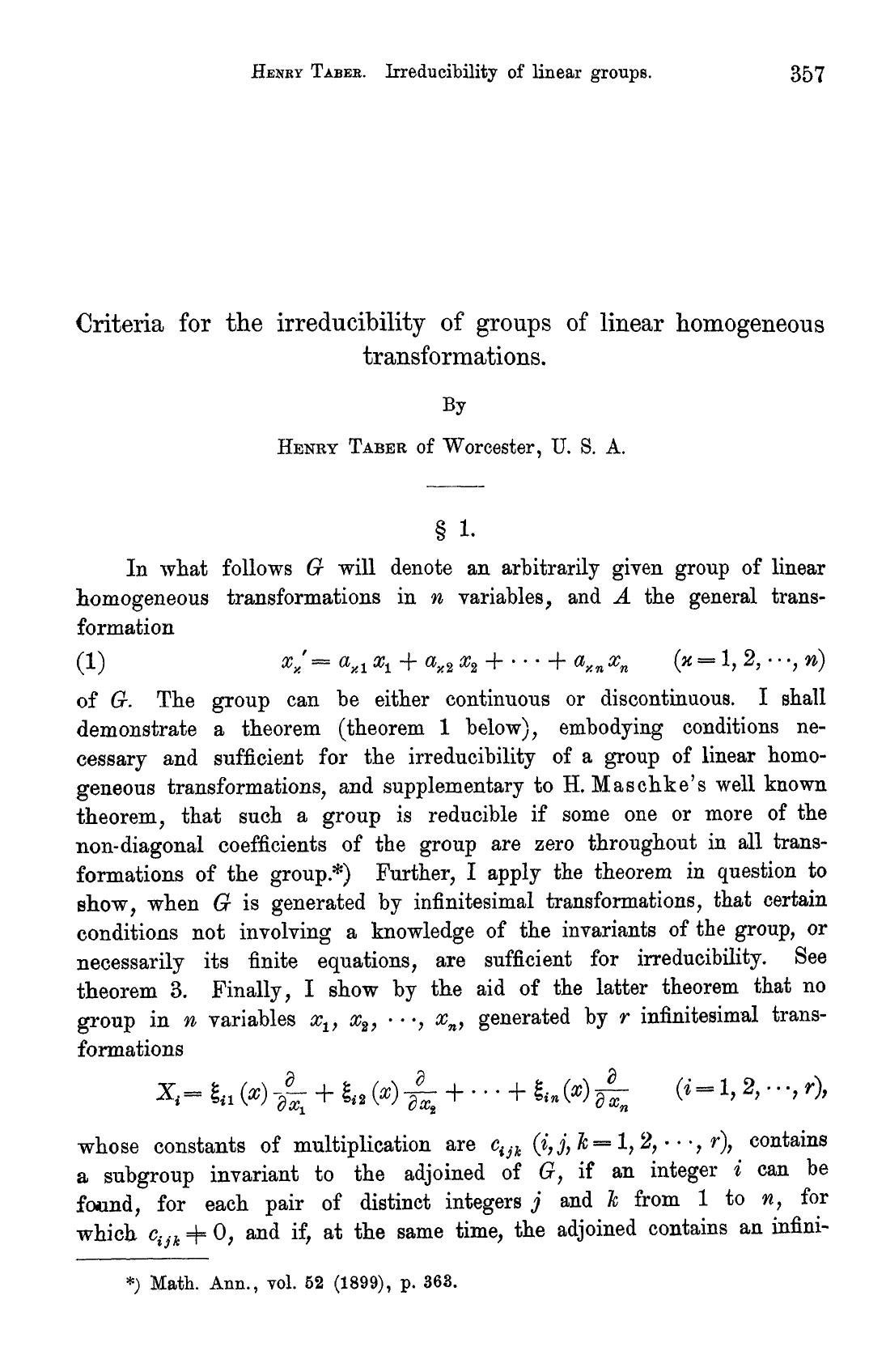 Criteria for the irreducibility of groups of linear homogeneous transformations by Unknown