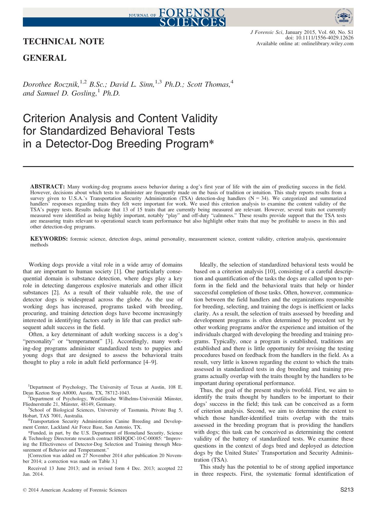 Criterion Analysis and Content Validity for Standardized Behavioral Tests in a DetectorDog Breeding Program by Unknown