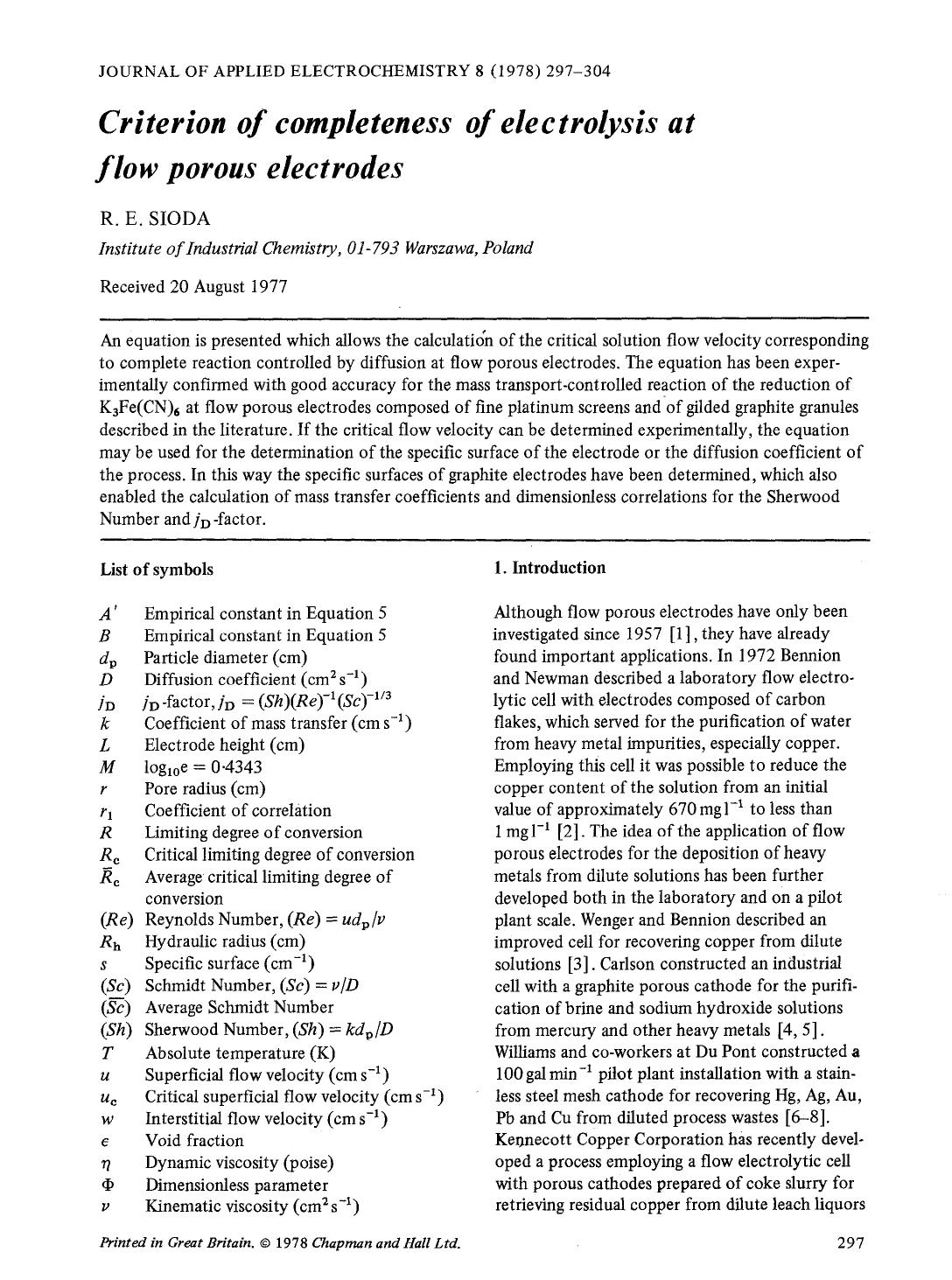 Criterion of completeness of electrolysis at flow porous electrodes by Unknown