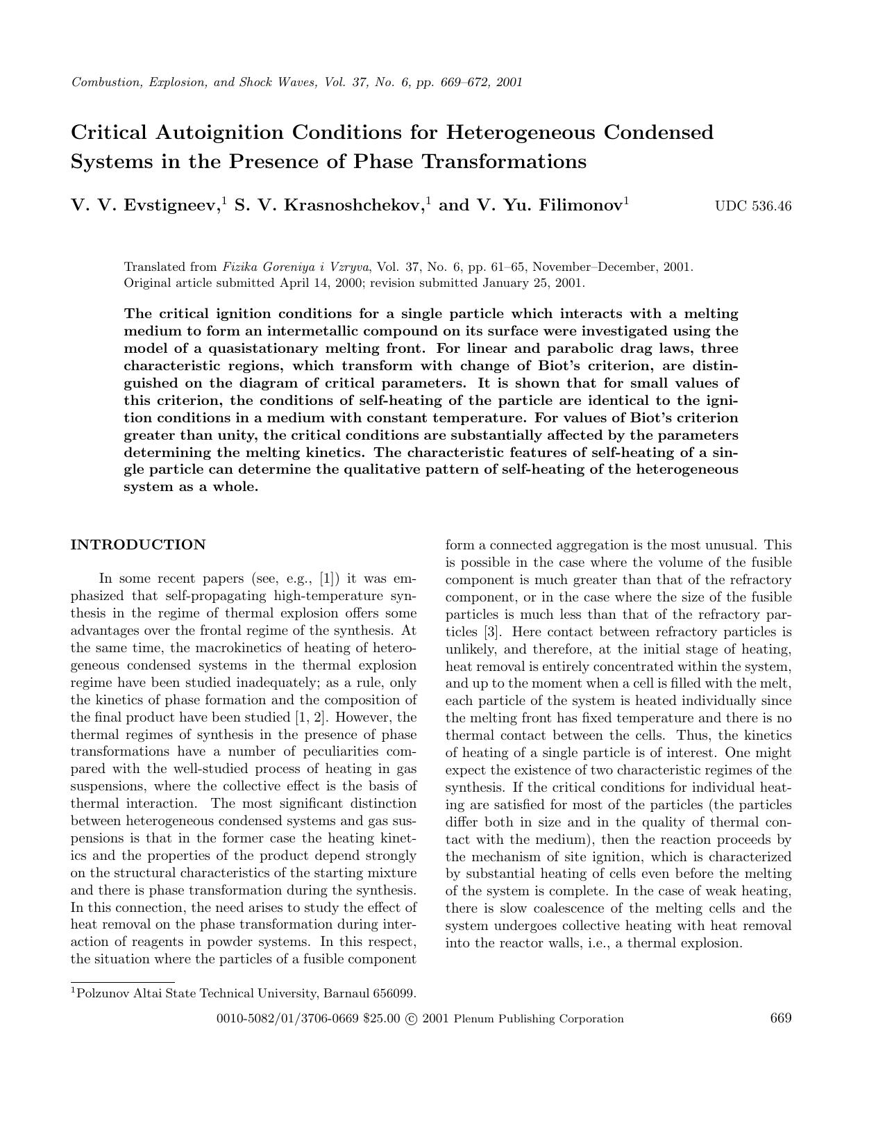 Critical Autoignition Conditions for Heterogeneous Condensed Systems in the Presence of Phase Transformations by Unknown