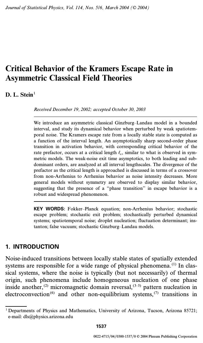 Critical Behavior of the Kramers Escape Rate in Asymmetric Classical Field Theories by Unknown