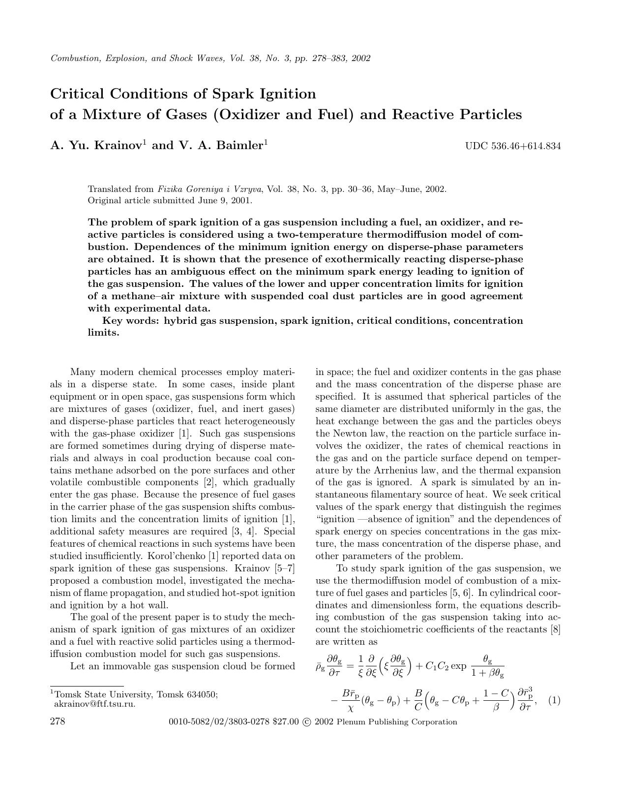 Critical Conditions of Spark Ignition of a Mixture of Gases (Oxidizer and Fuel) and Reactive Particles by Unknown