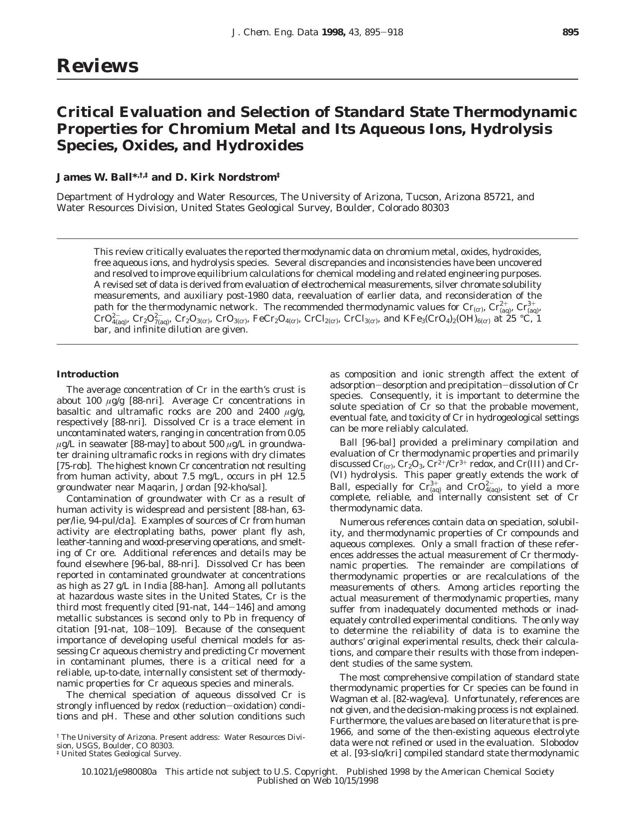 Critical Evaluation and Selection of Standard State Thermodynamic Properties for Chromium Metal and Its Aqueous Ions, Hydrolysis Species, Oxides, and Hydroxides by James W. Ball* and D. Kirk Nordstrom