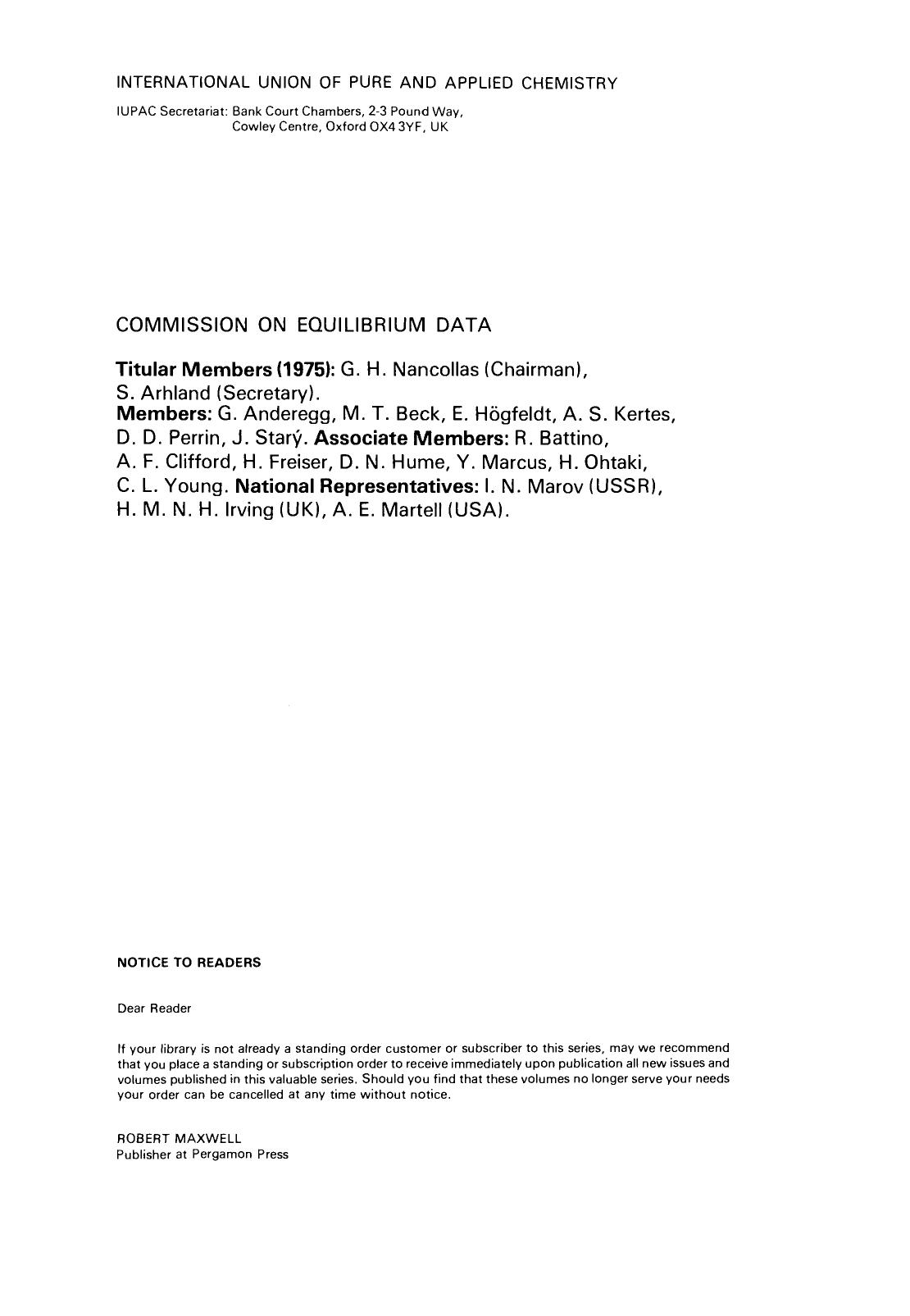Critical Evaluation of Equilibrium Constants Involving 8-hydroxyquinoline and its Metal Chelates. Critical Evaluation of Equilibrium Constants in Solution: Part B: Equilibrium Cons by J. Stary (Auth.)