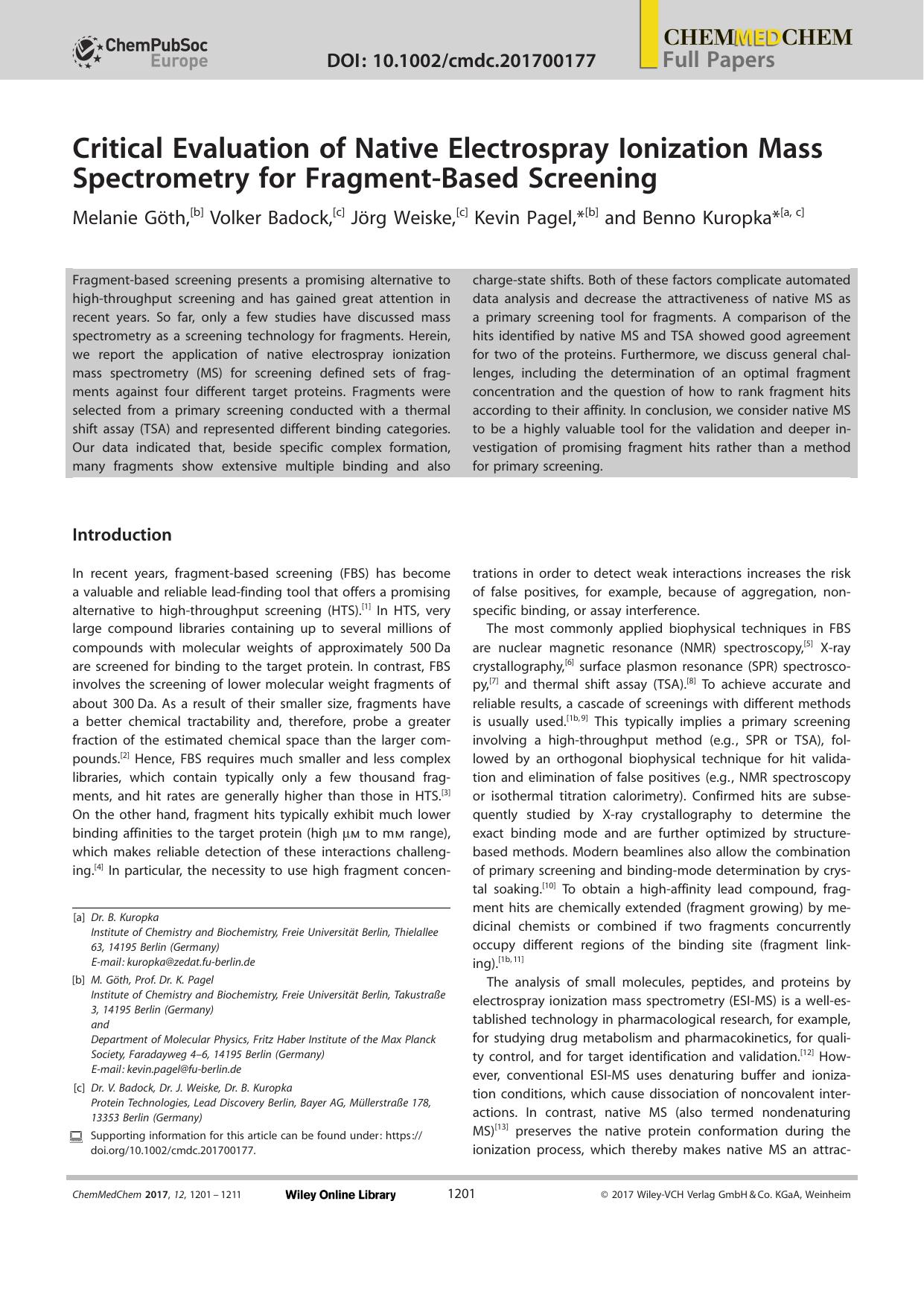 Critical Evaluation of Native Electrospray Ionization Mass Spectrometry for FragmentâBased Screening by Unknown