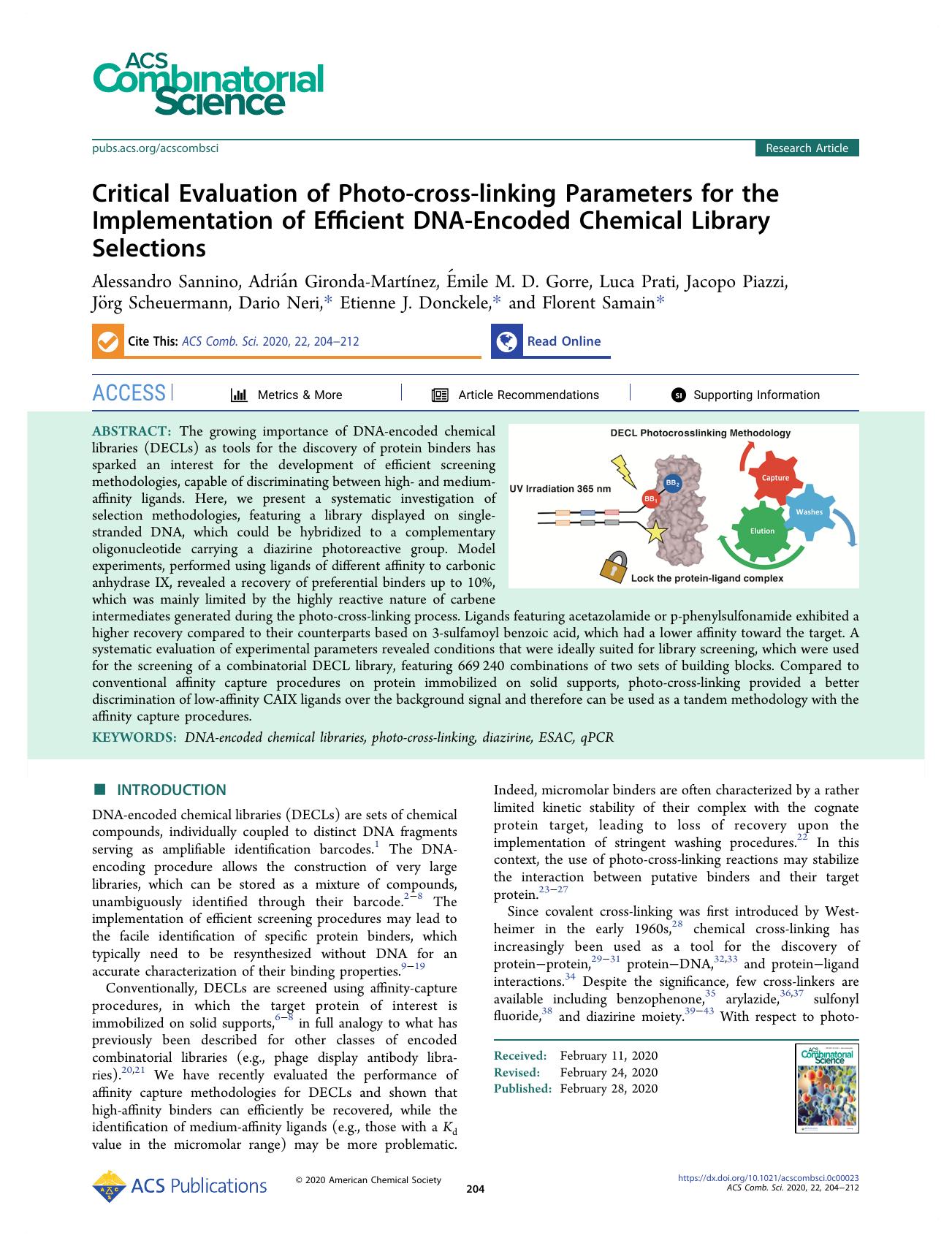 Critical Evaluation of Photo-cross-linking Parameters for the Implementation of Efficient DNA-Encoded Chemical Library Selections by unknow