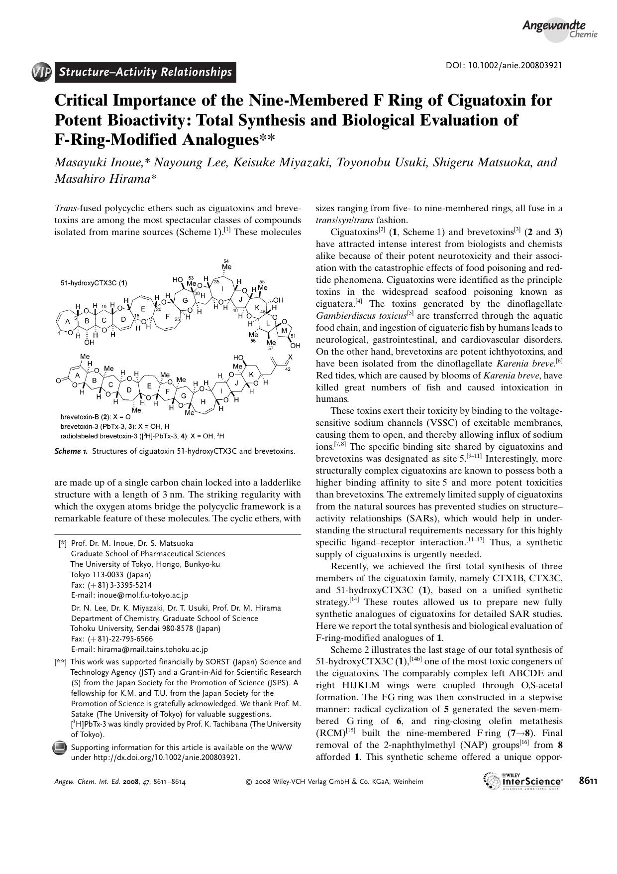 Critical Importance of the Nine-Membered F[emsp14]Ring of Ciguatoxin for Potent Bioactivity: Total Synthesis and Biological Evaluation of F-Ring-Modified Analogues by Unknown