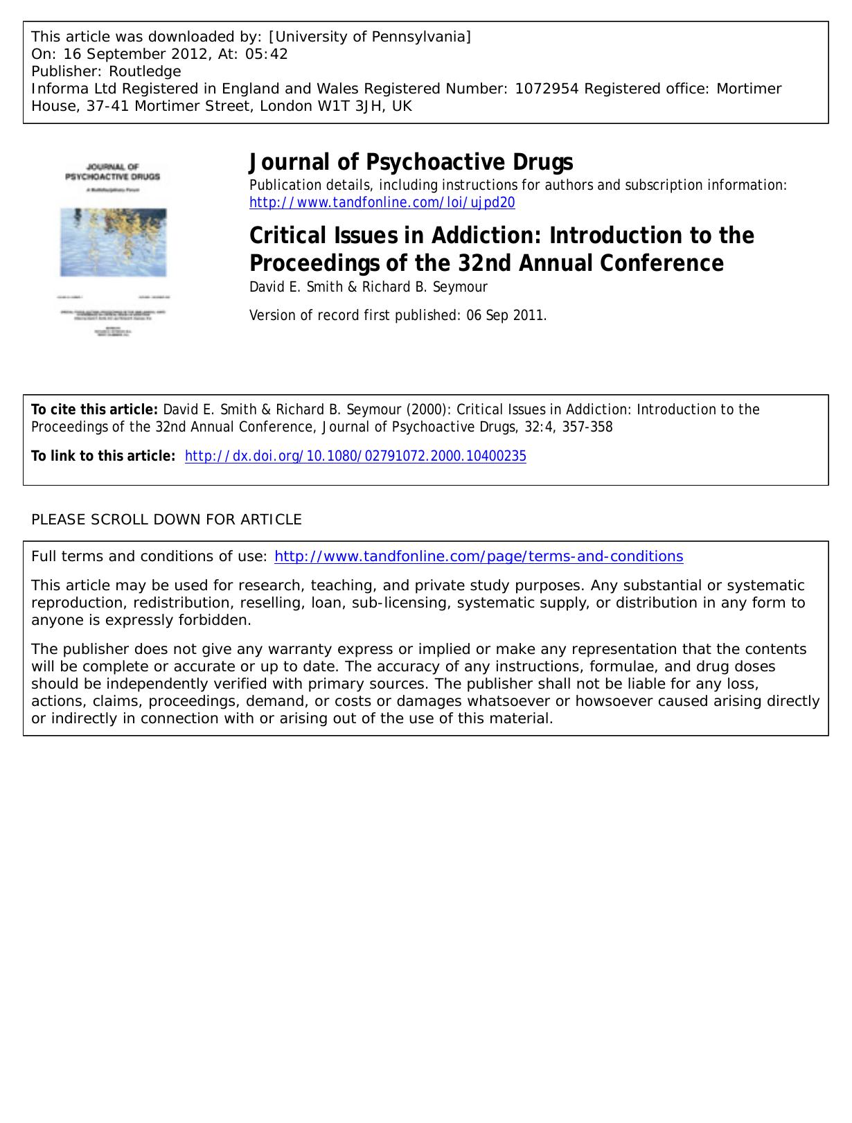 Critical Issues in Addiction: Introduction to the Proceedings of the 32nd Annual Conference by David E. Smith & Richard B. Seymour