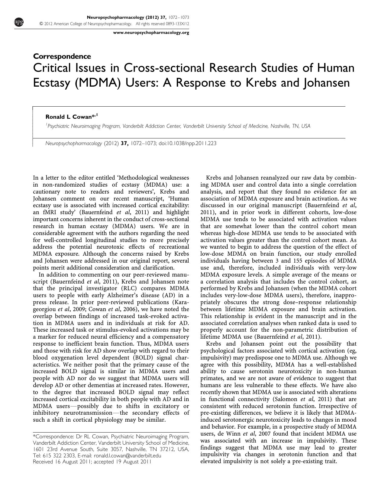 Critical Issues in Cross-sectional Research Studies of Human Ecstasy (MDMA) Users: A Response to Krebs and Johansen by Ronald L Cowan